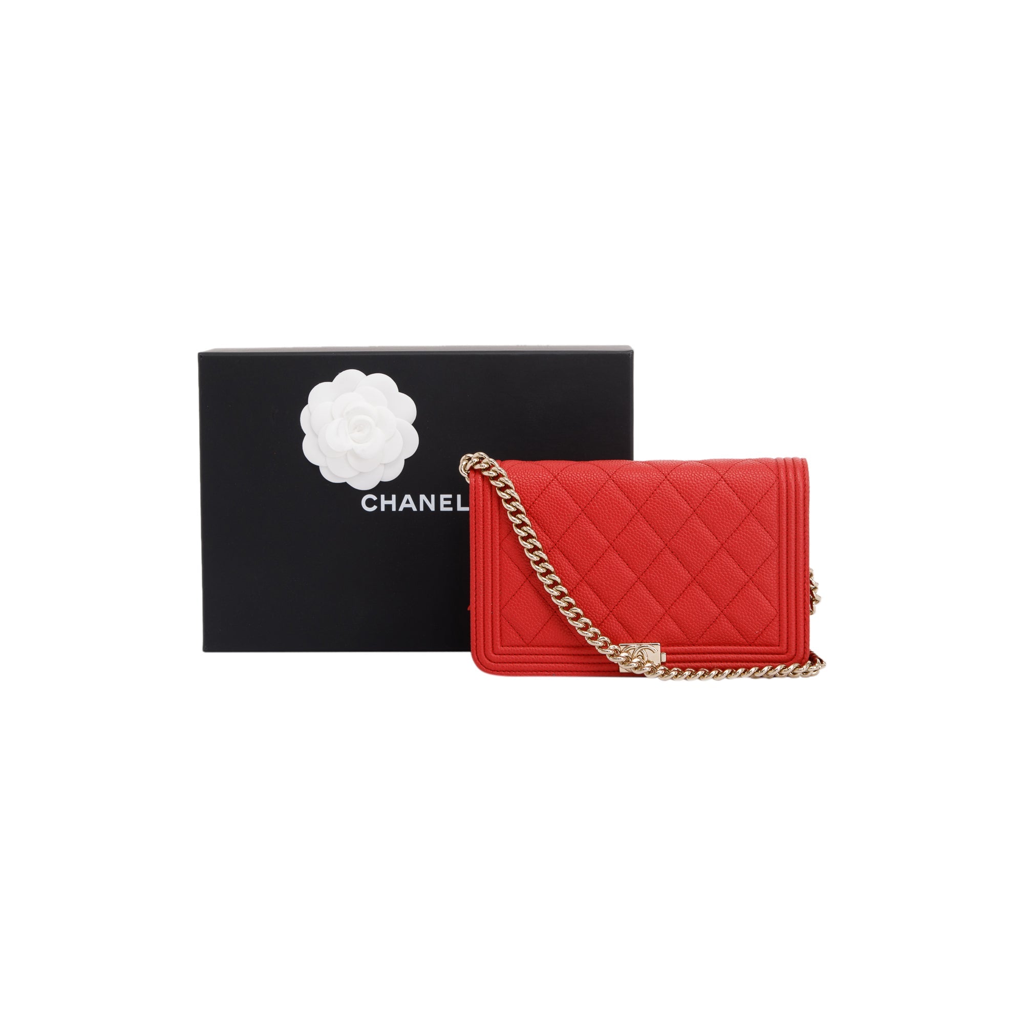 Chanel Red Caviar Leather Boy Wallet on Chain w/ Box & Authenticity Card