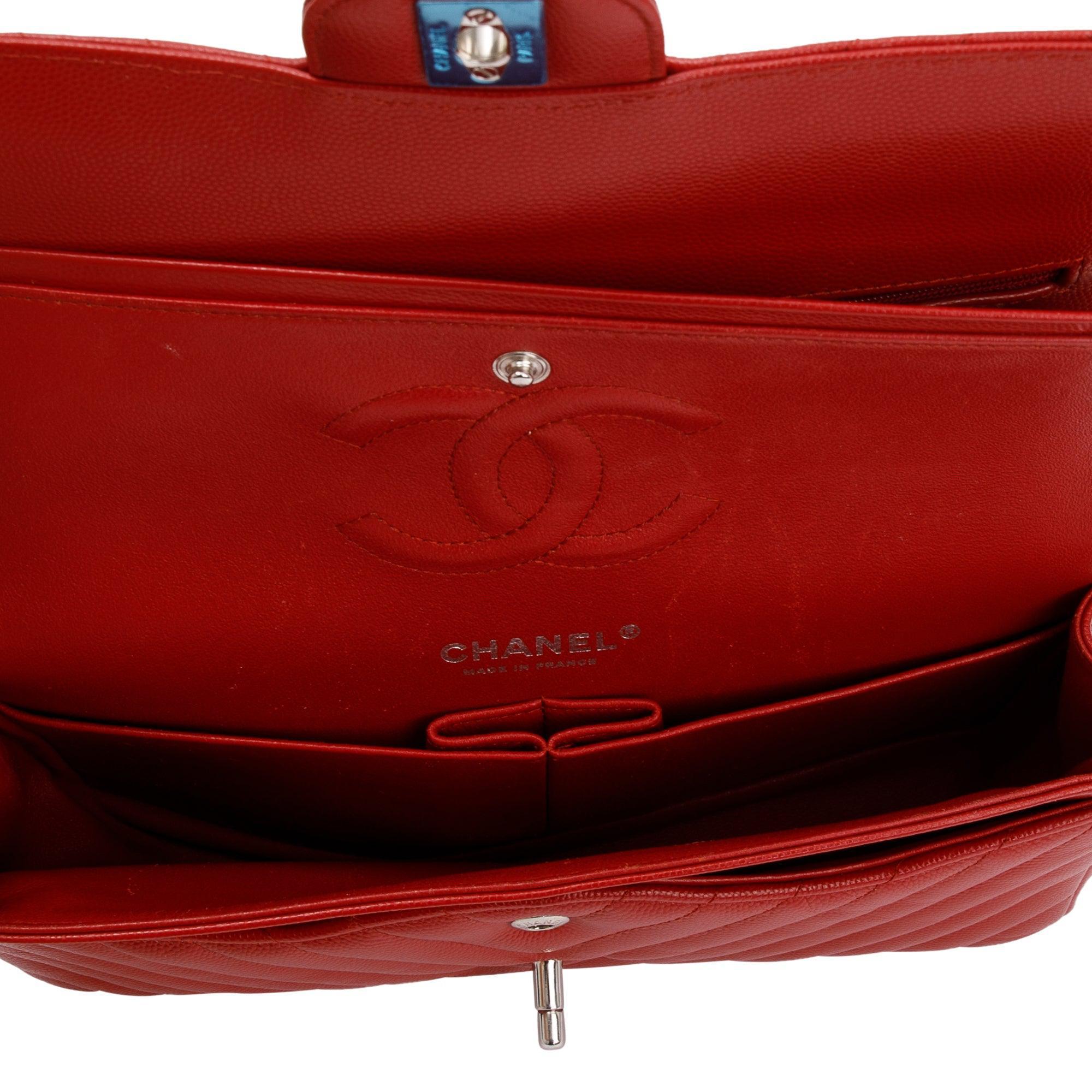 Chanel Red Chevron Calfskin Leather Classic Medium Double Flap Bag