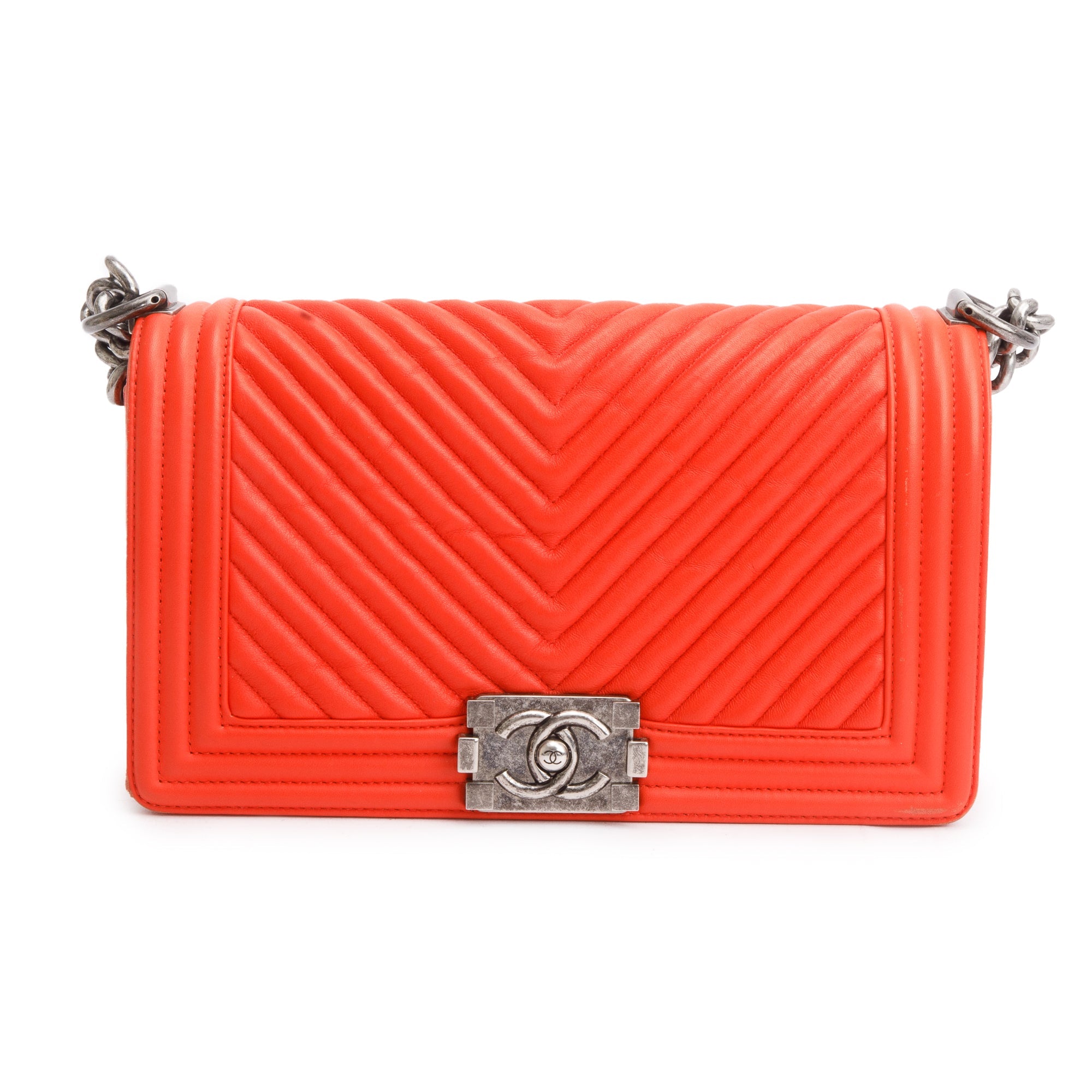 Chanel Red Chevron Calfskin Leather Medium Boy Bag w/ Authenticity Card
