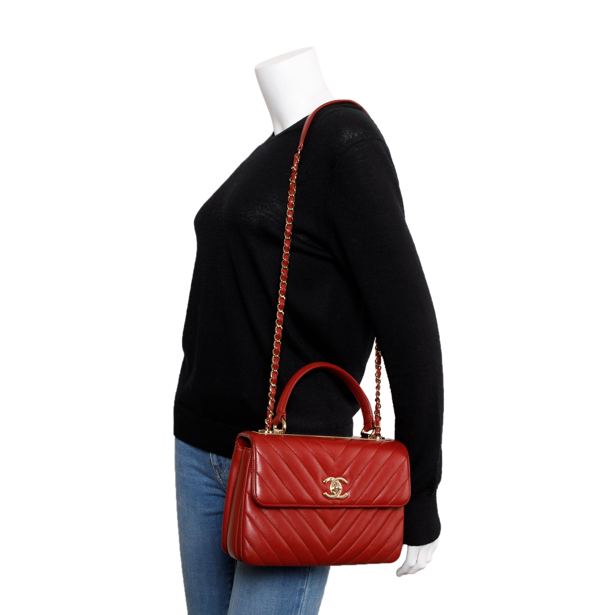 Chanel Red Chevron Lambskin Trendy CC Small Top Handle Flap Bag