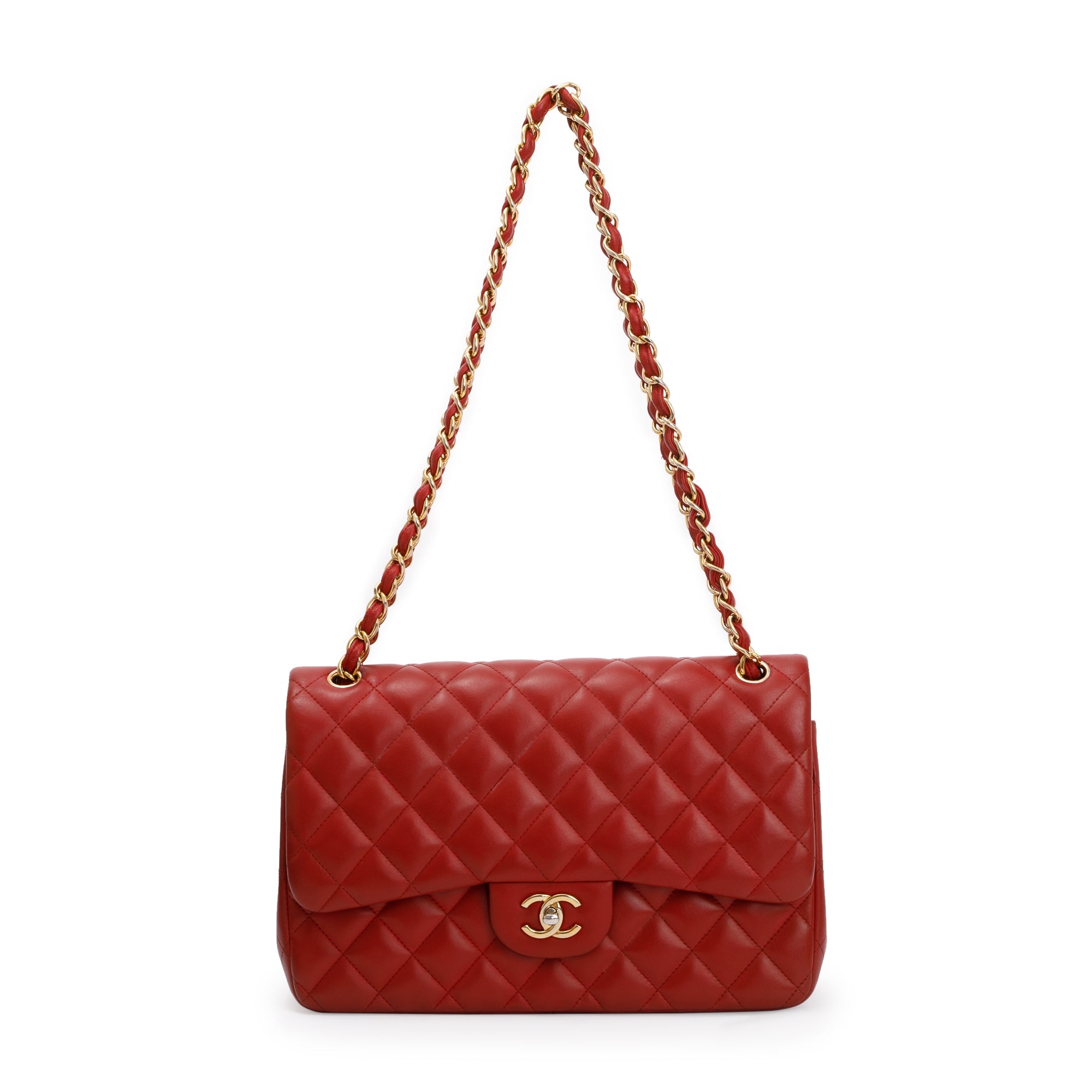 Chanel Red Lambskin Classic Jumbo Double Flap Bag