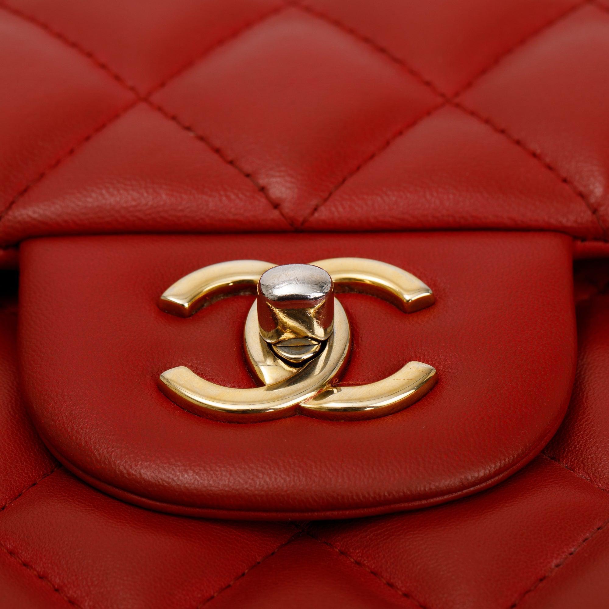 Chanel Red Lambskin Classic Jumbo Double Flap Bag