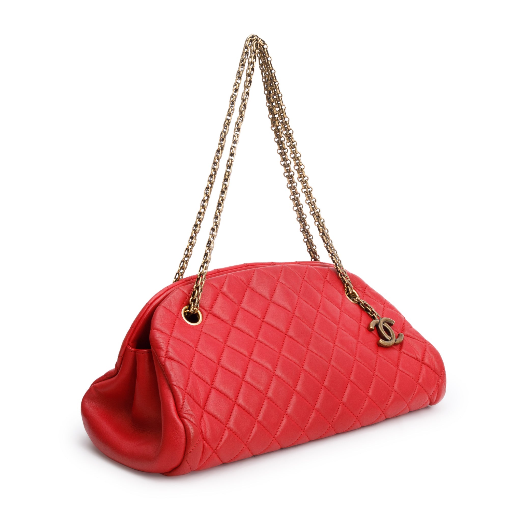 Chanel Red Lambskin Leather Just Mademoiselle Medium Bowler Bag w/ Authenticity Card