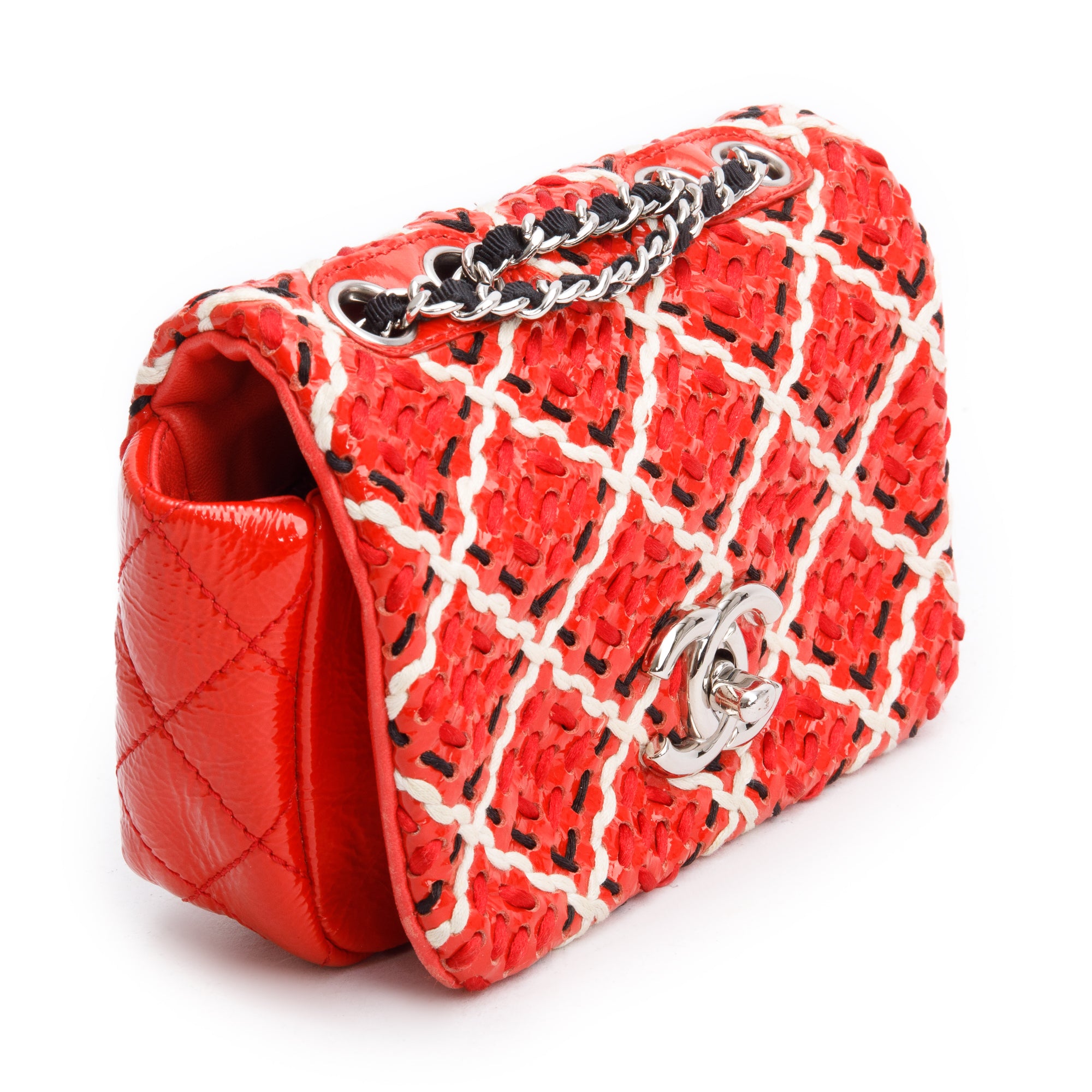 Chanel Red Patent Leather Woven Stitch CC Mini Full Flap Bag