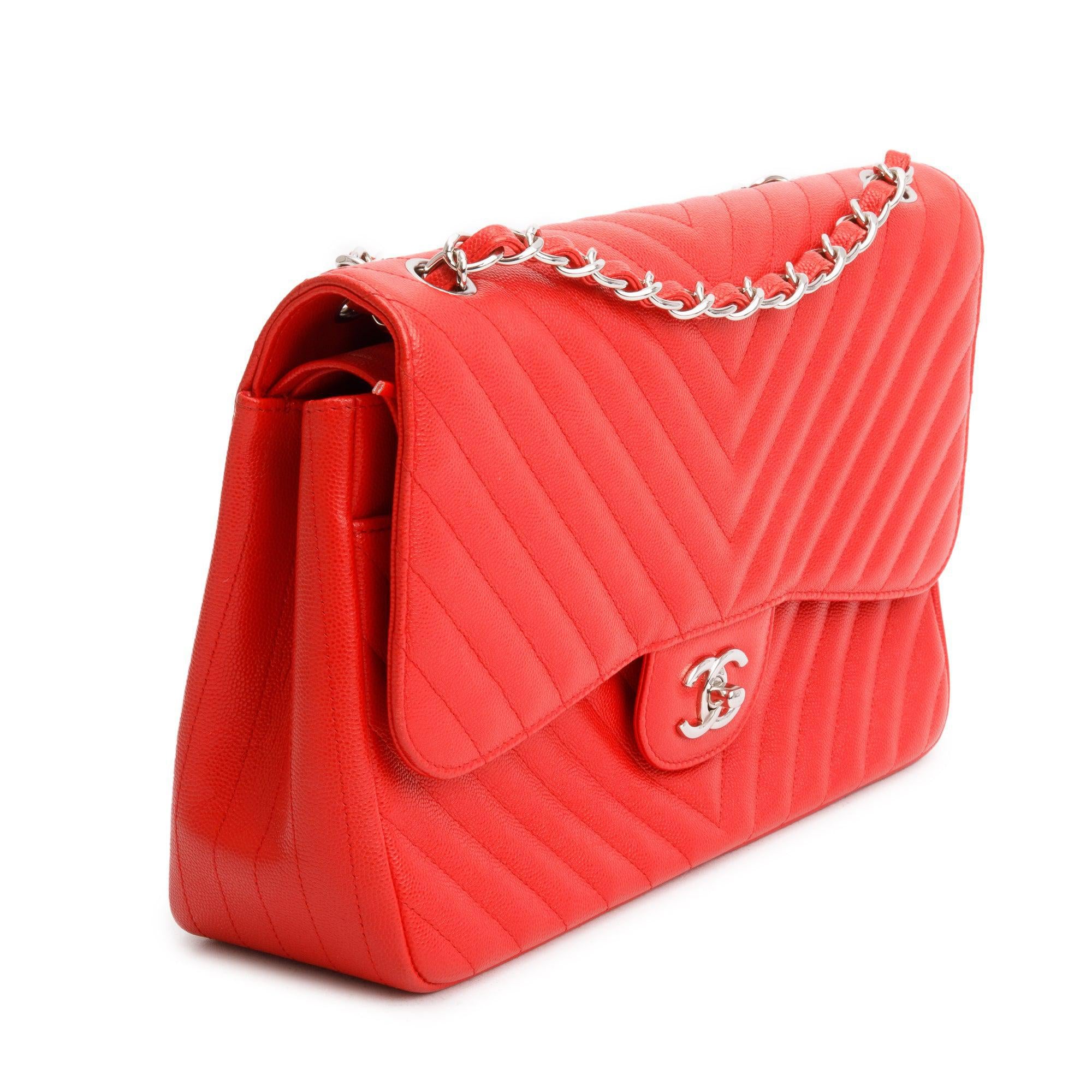 Chanel Red Quilted Caviar Leather Chevron Jumbo Double Flap Bag w/ Authenticity Card
