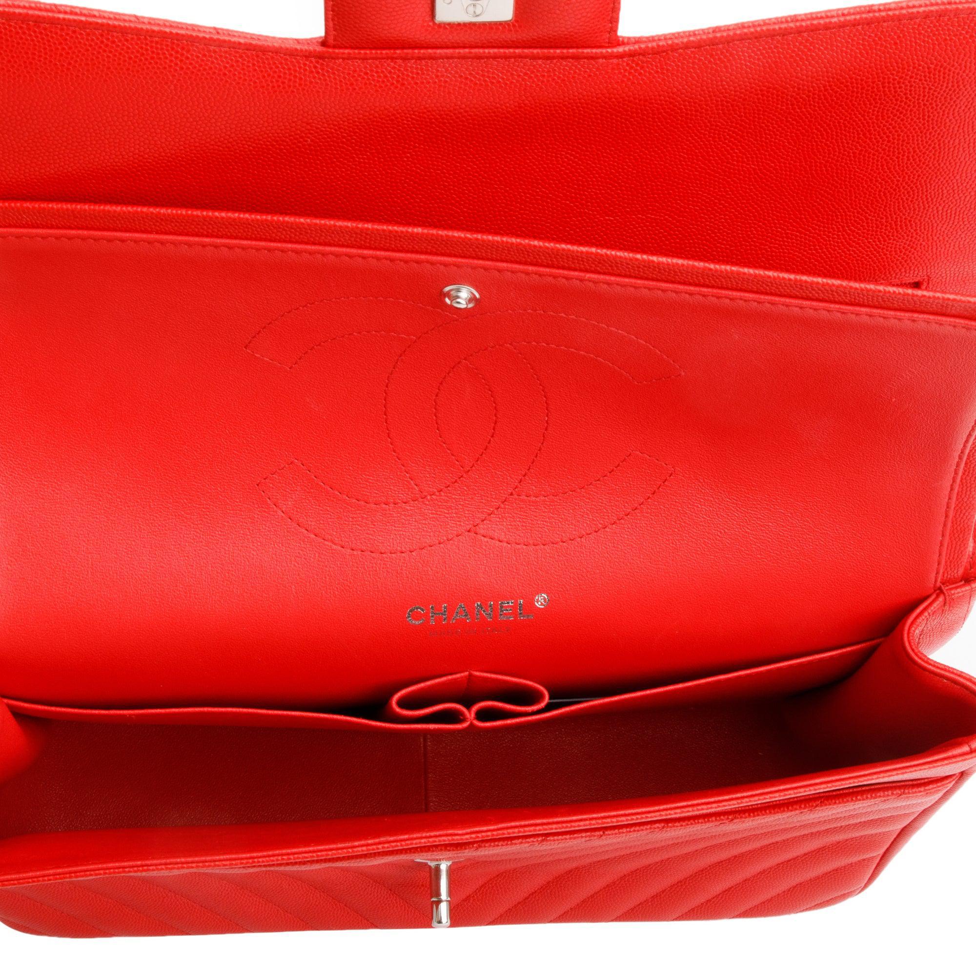 Chanel Red Quilted Caviar Leather Chevron Jumbo Double Flap Bag w/ Authenticity Card
