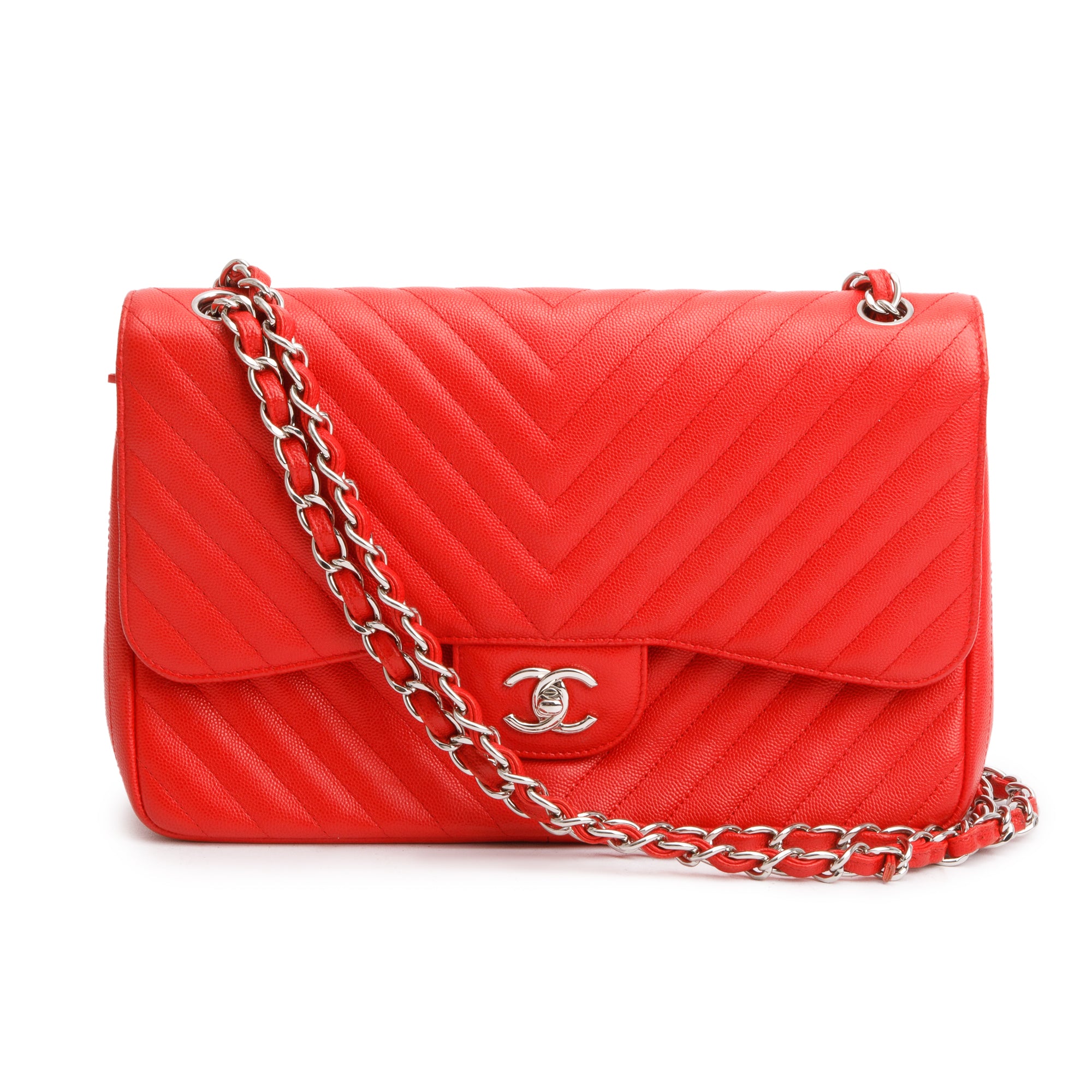 Chanel Red Quilted Caviar Leather Chevron Jumbo Double Flap Bag w/ Authenticity Card