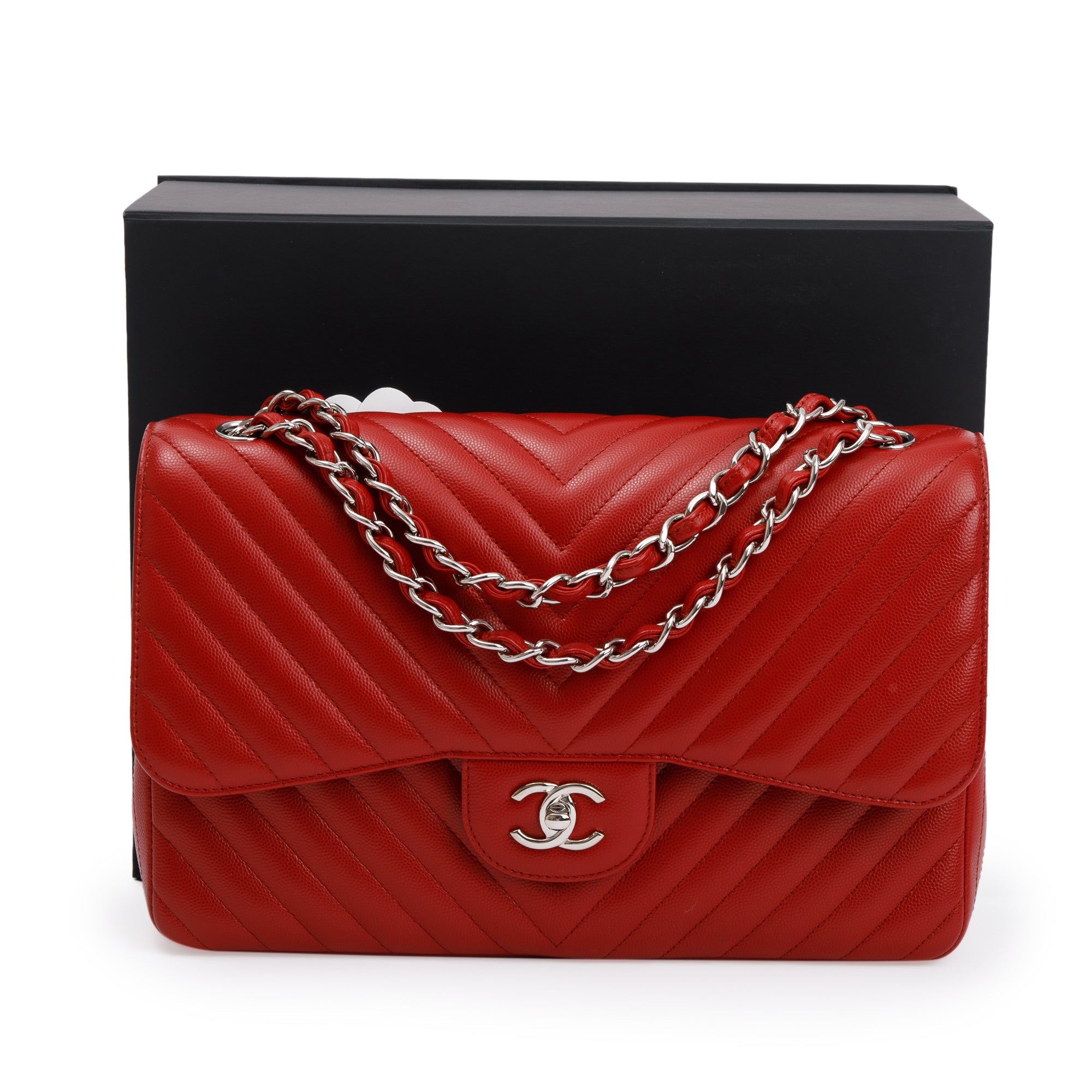 Chanel Red Quilted Caviar Leather Chevron Jumbo Double Flap Bag w/ Box & Authenticity Card