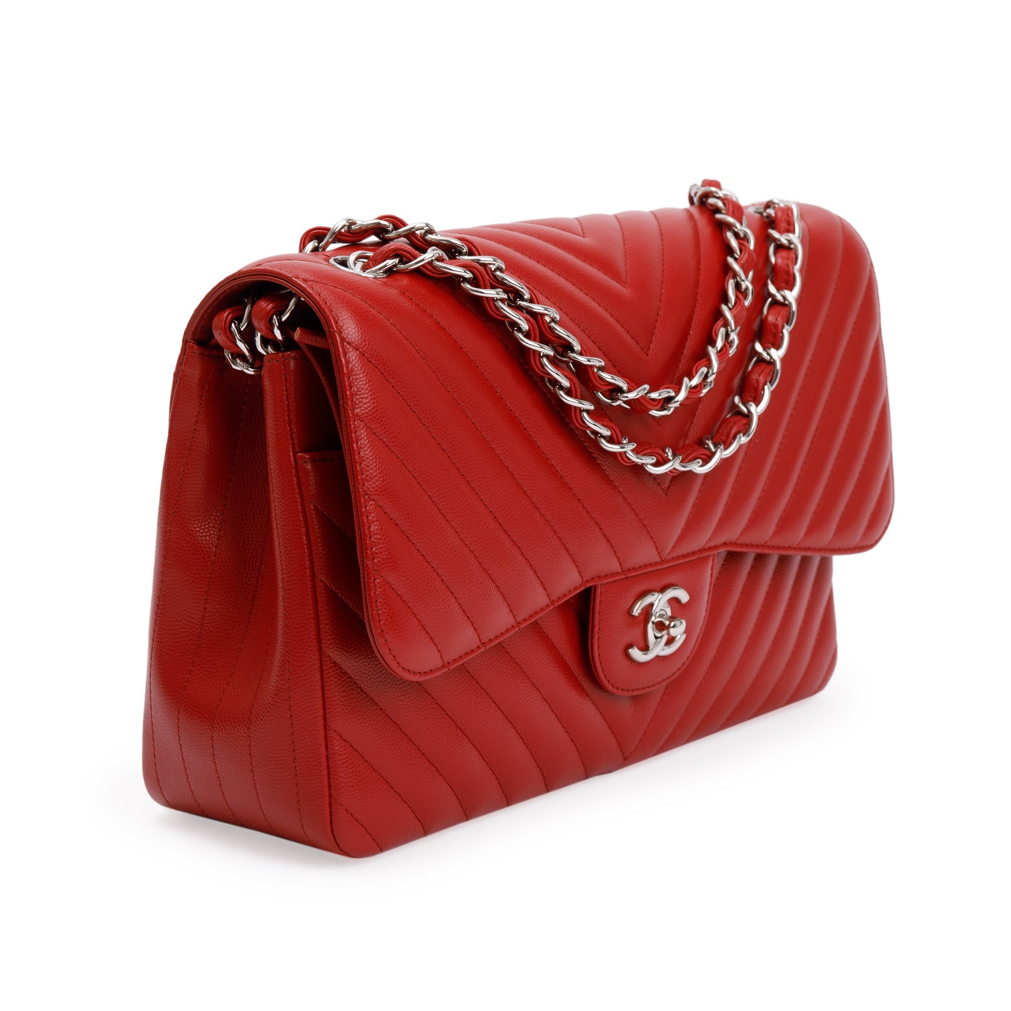 Chanel Red Quilted Caviar Leather Chevron Jumbo Double Flap Bag w/ Box & Authenticity Card