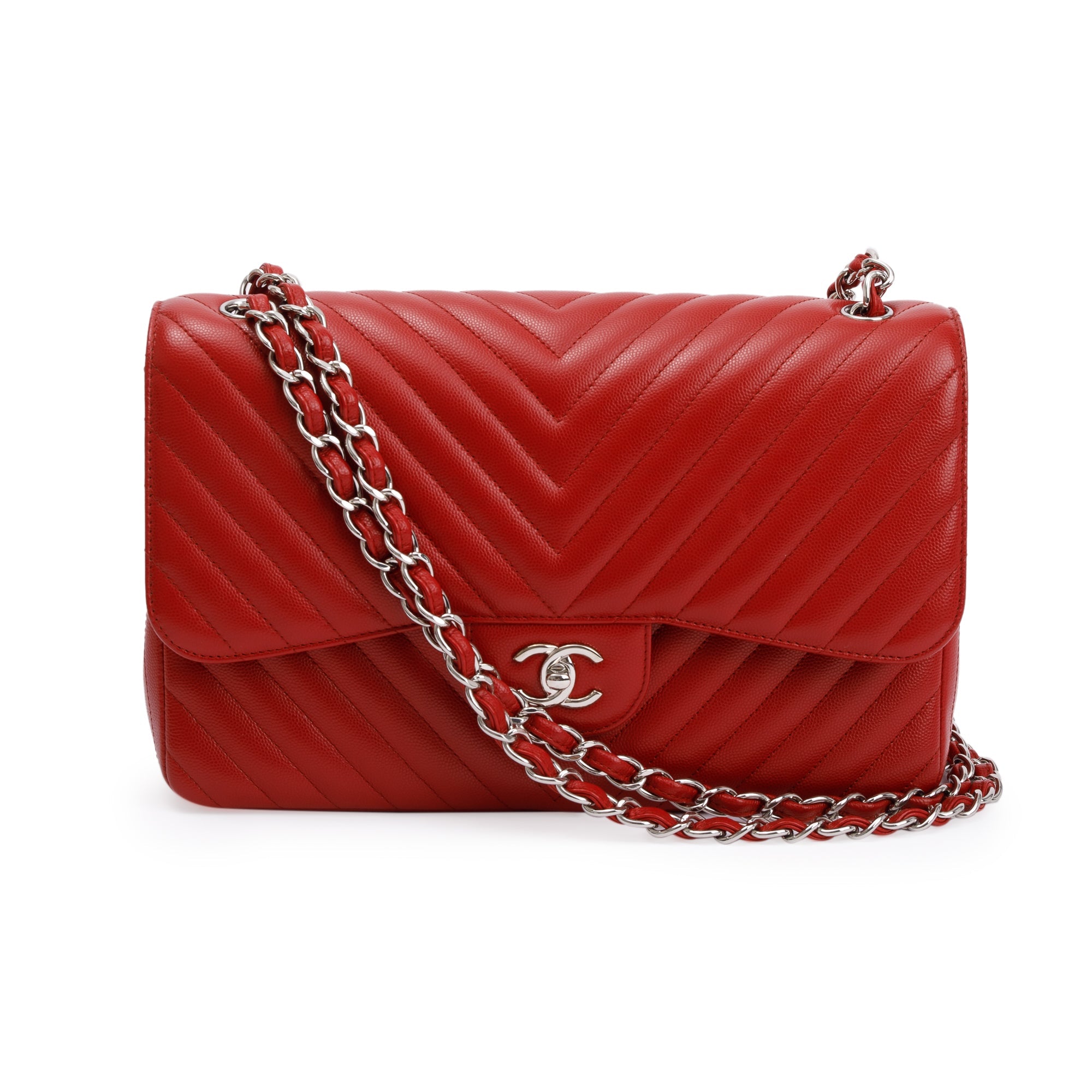 Chanel Red Quilted Caviar Leather Chevron Jumbo Double Flap Bag w/ Box & Authenticity Card
