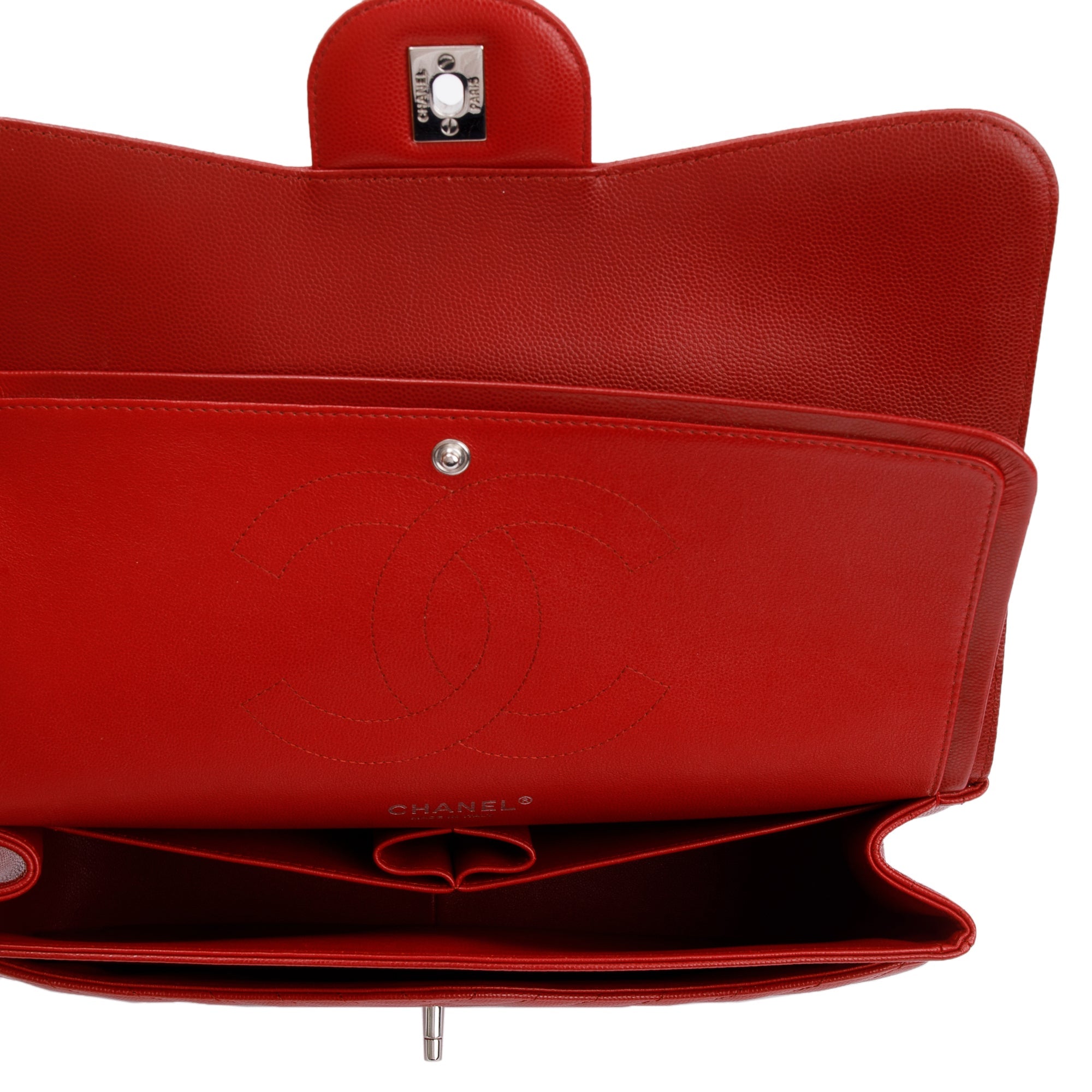 Chanel Red Quilted Caviar Leather Chevron Jumbo Double Flap Bag w/ Box & Authenticity Card