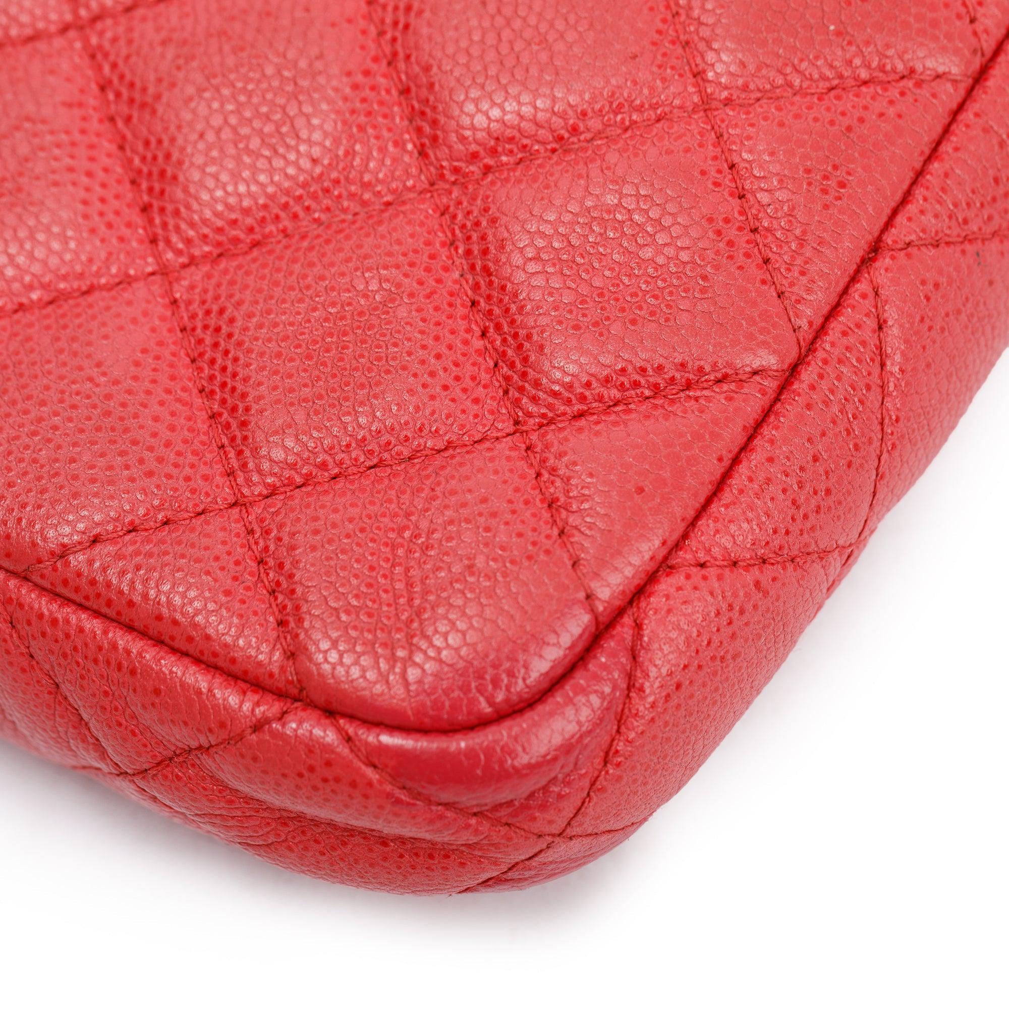 Chanel Red Quilted Caviar Leather Classic Double Zip Wallet on Chain w/ Box & Authenticity Card