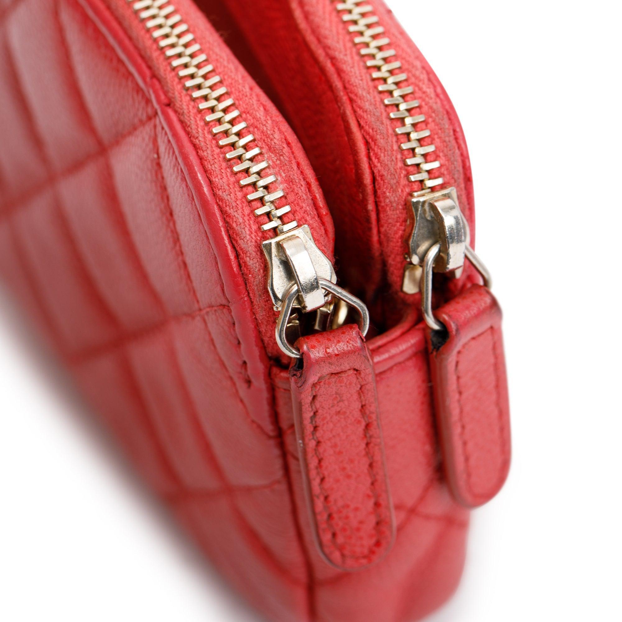 Chanel Red Quilted Caviar Leather Classic Double Zip Wallet on Chain w/ Box & Authenticity Card