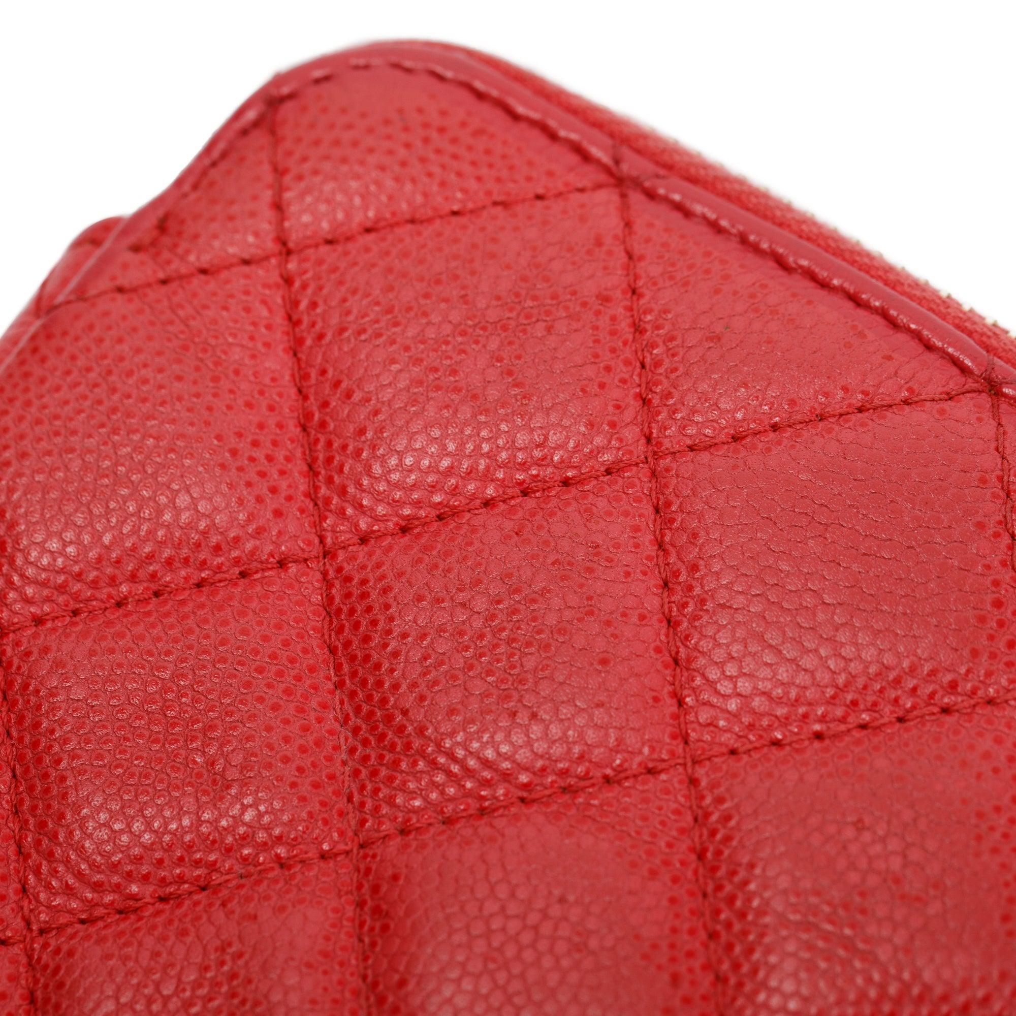 Chanel Red Quilted Caviar Leather Classic Double Zip Wallet on Chain w/ Box & Authenticity Card