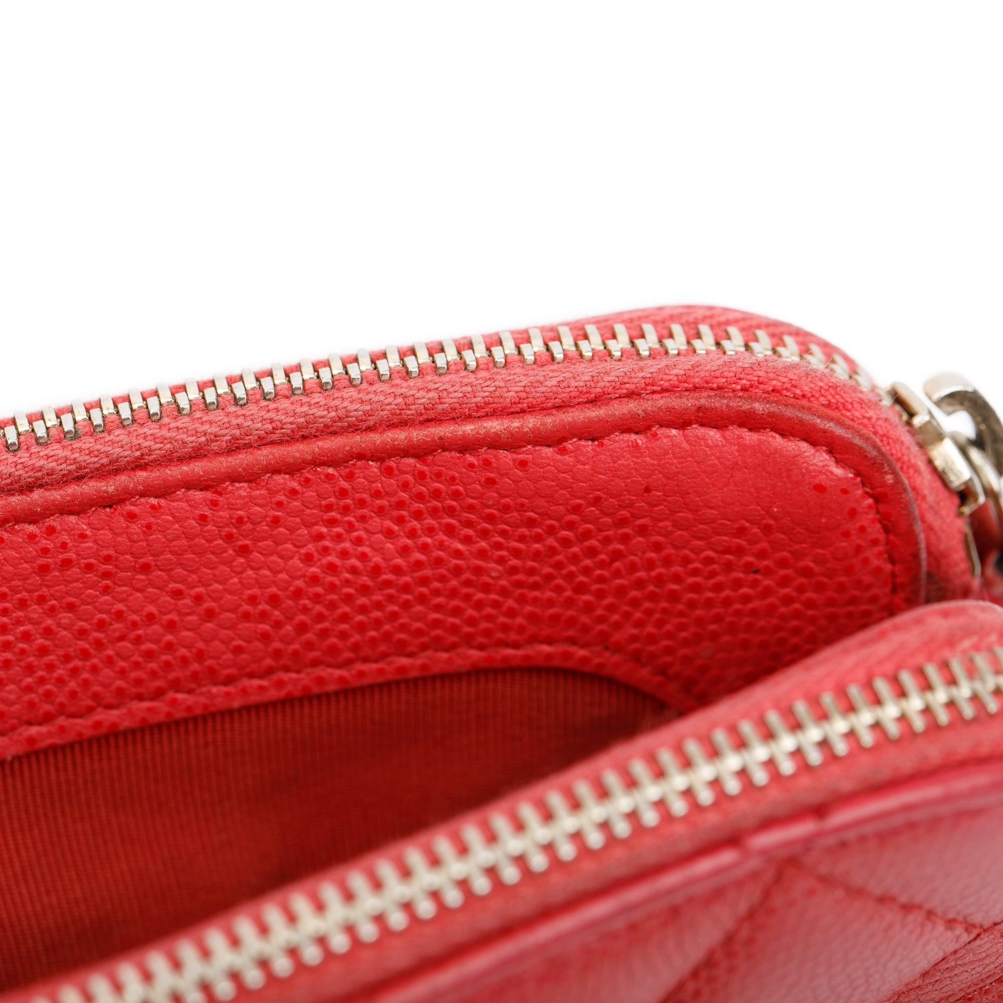 Chanel Red Quilted Caviar Leather Classic Double Zip Wallet on Chain w/ Box & Authenticity Card