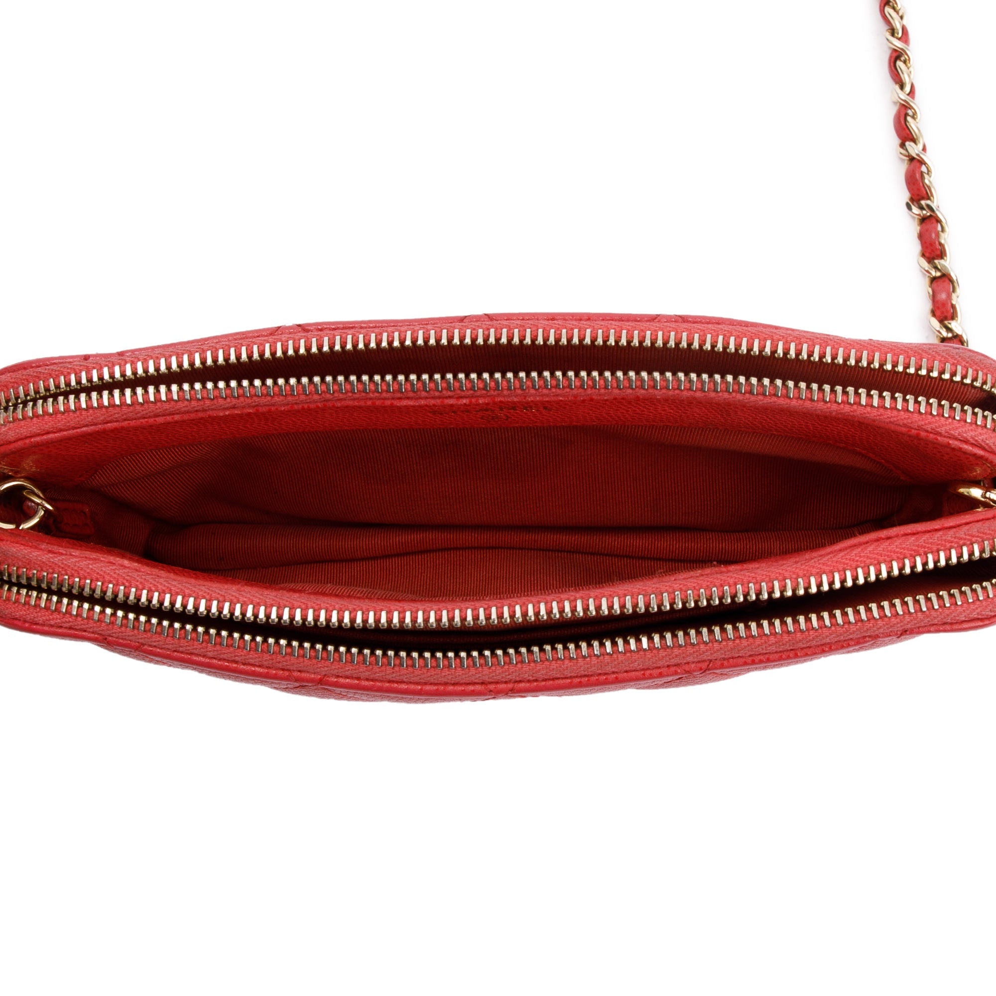 Chanel Red Quilted Caviar Leather Classic Double Zip Wallet on Chain w/ Box & Authenticity Card