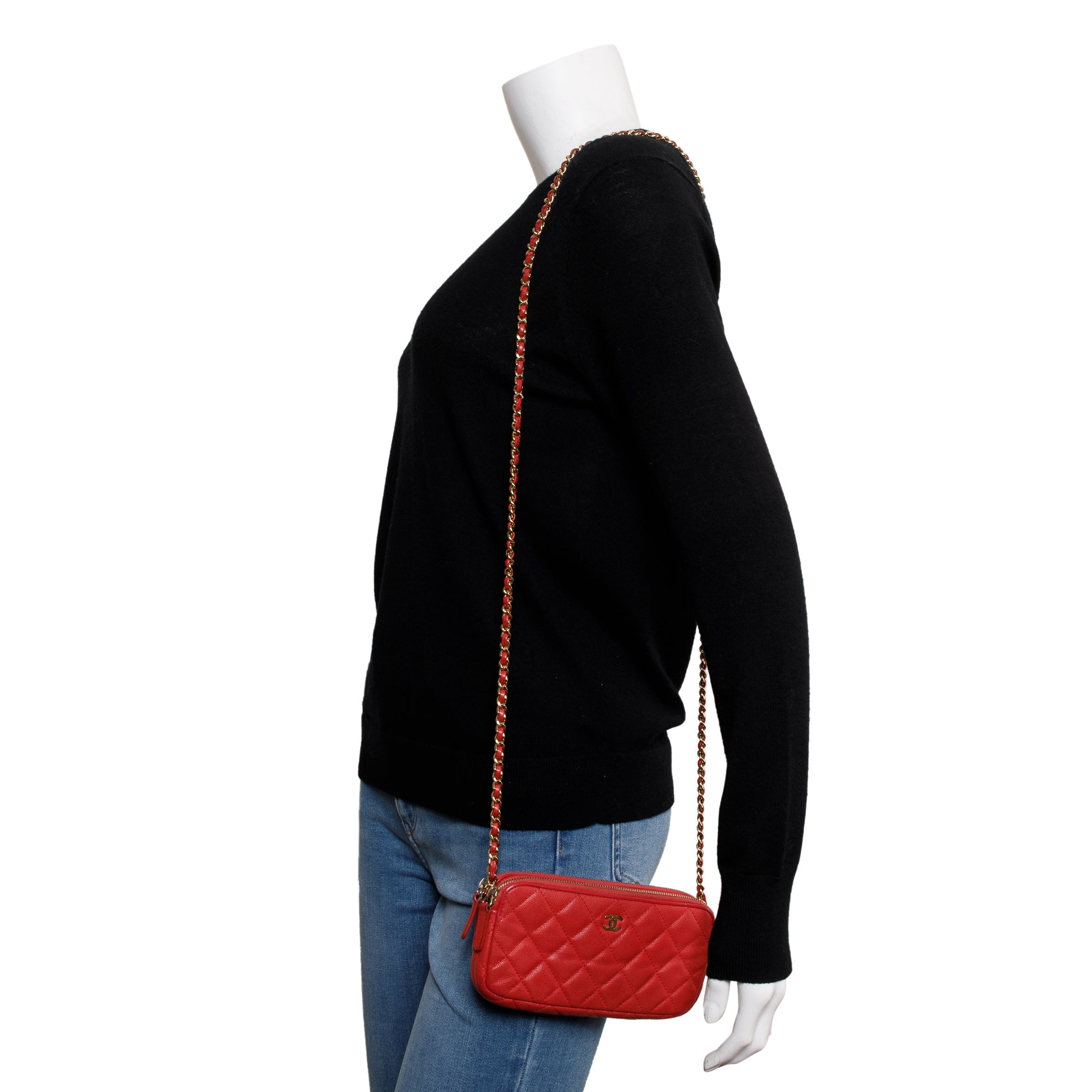 Chanel Red Quilted Caviar Leather Classic Double Zip Wallet on Chain w/ Box & Authenticity Card