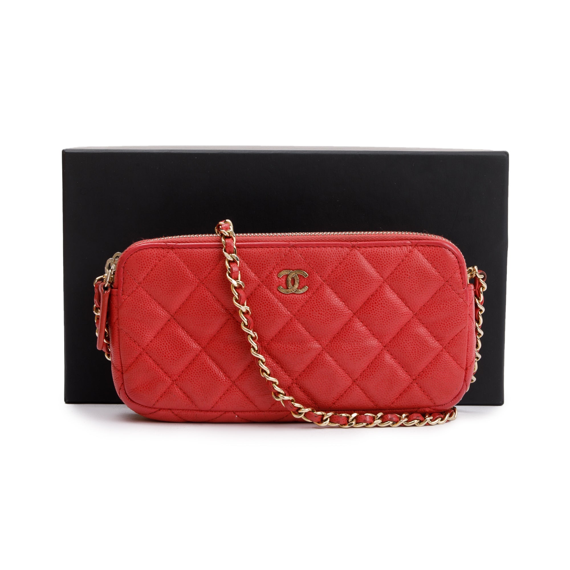 Chanel Red Quilted Caviar Leather Classic Double Zip Wallet on Chain w/ Box & Authenticity Card