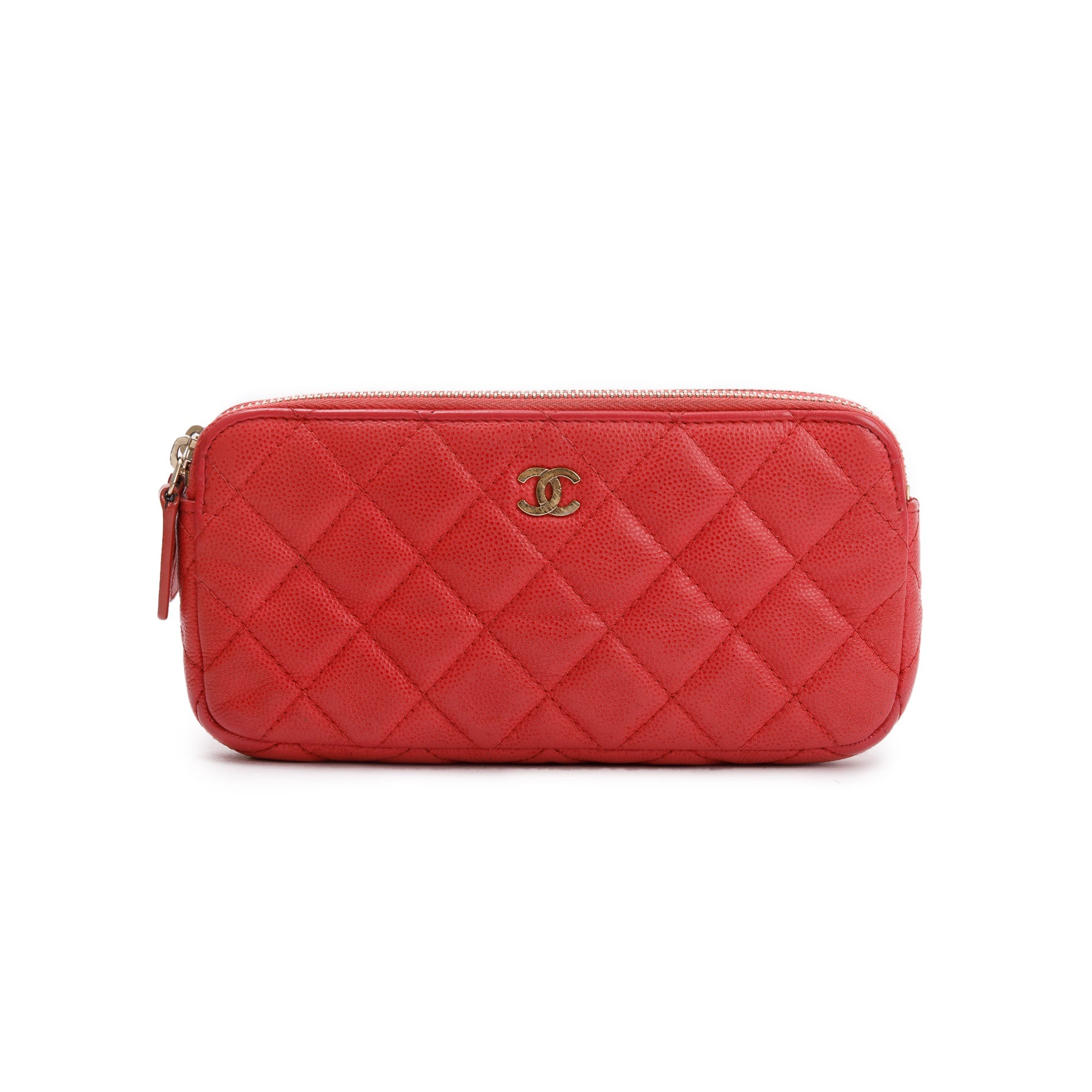 Chanel Red Quilted Caviar Leather Classic Double Zip Wallet on Chain w/ Box & Authenticity Card