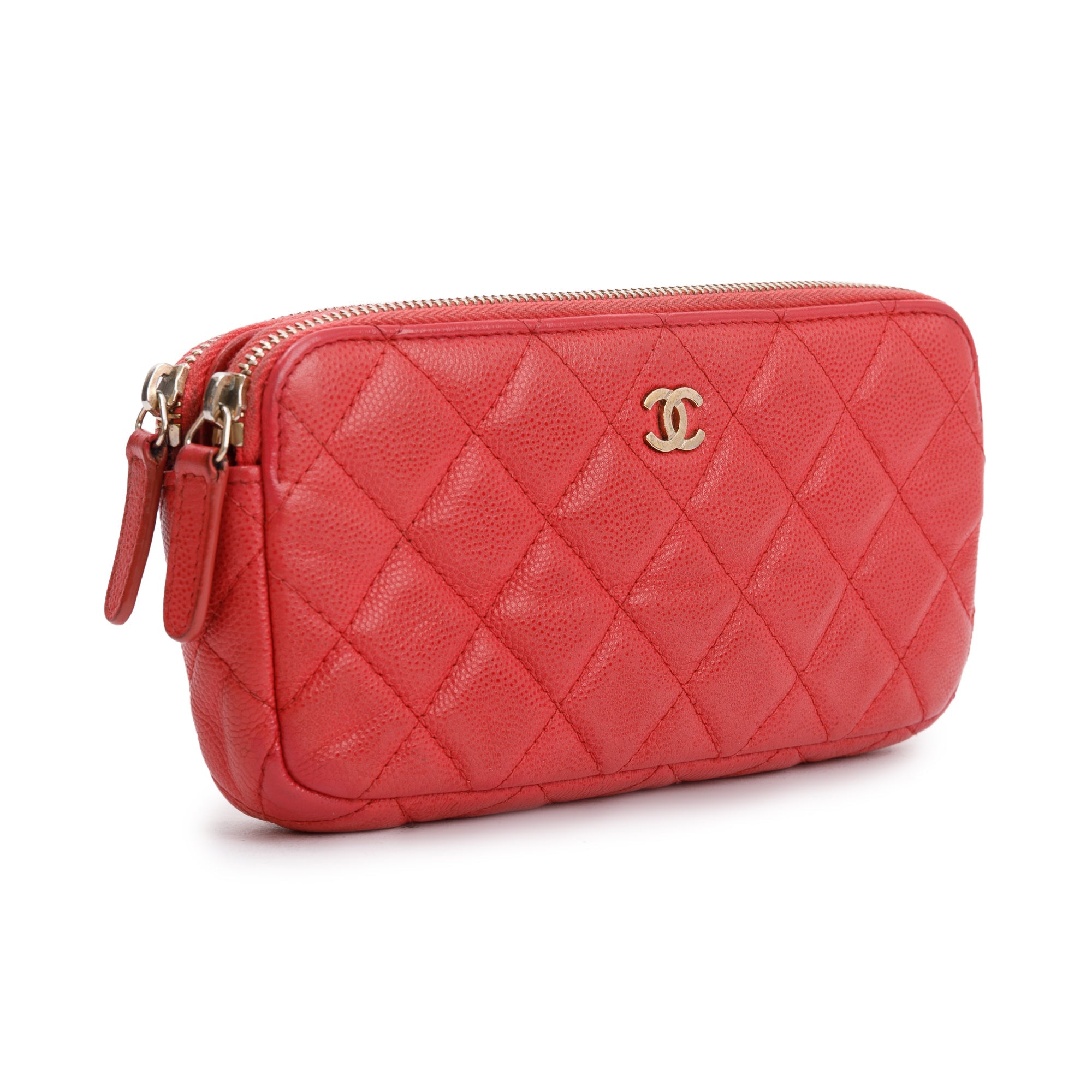 Chanel Red Quilted Caviar Leather Classic Double Zip Wallet on Chain w/ Box & Authenticity Card