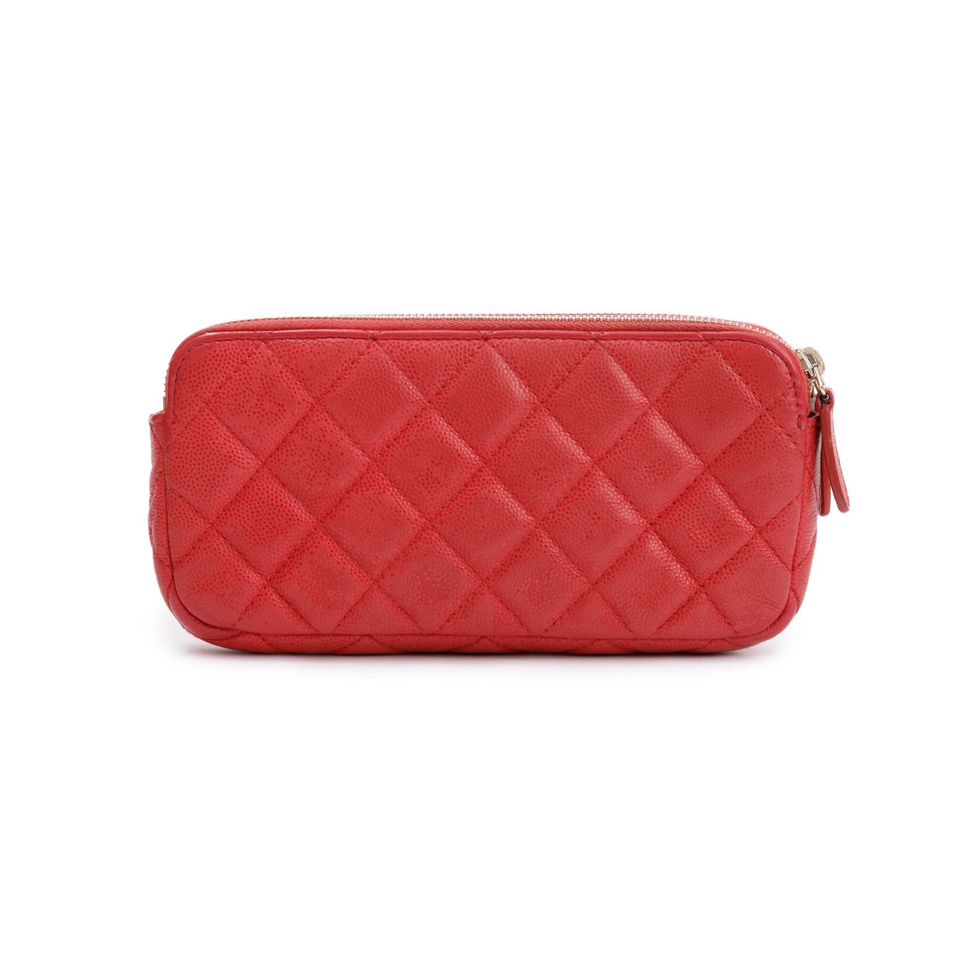 Chanel Red Quilted Caviar Leather Classic Double Zip Wallet on Chain w/ Box & Authenticity Card