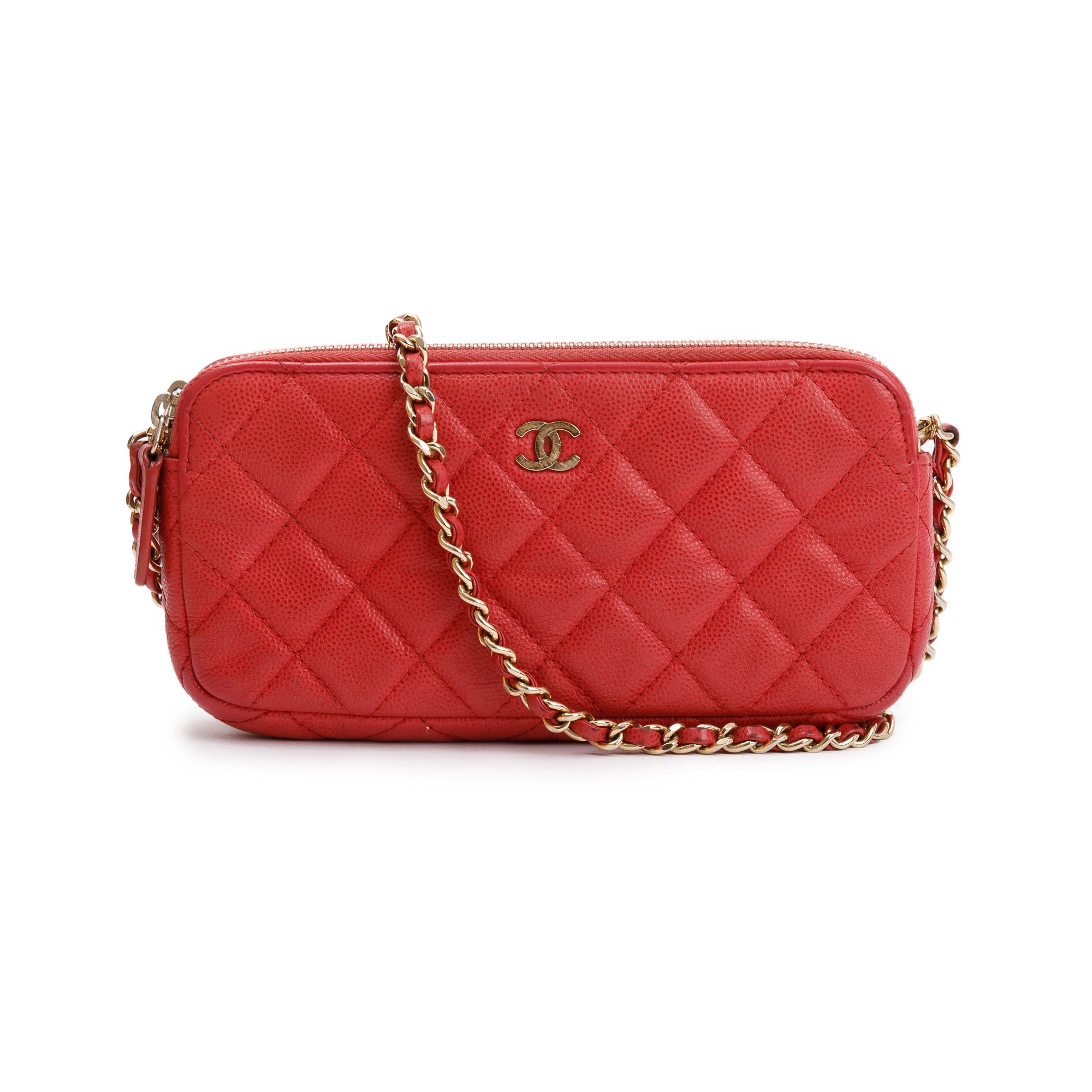 Chanel Red Quilted Caviar Leather Classic Double Zip Wallet on Chain w/ Box & Authenticity Card