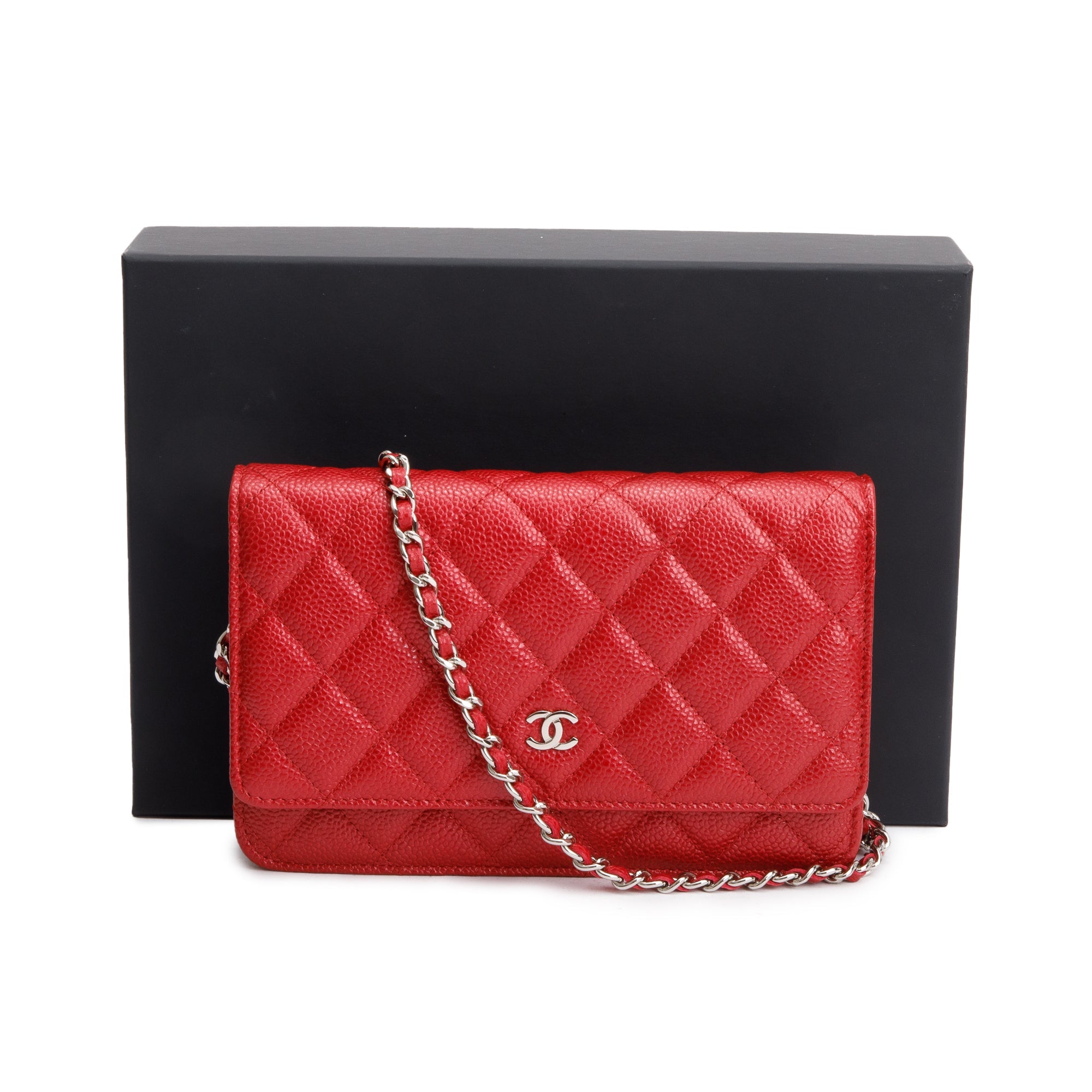 Chanel Red Quilted Caviar Leather Classic Wallet on Chain w/ Box
