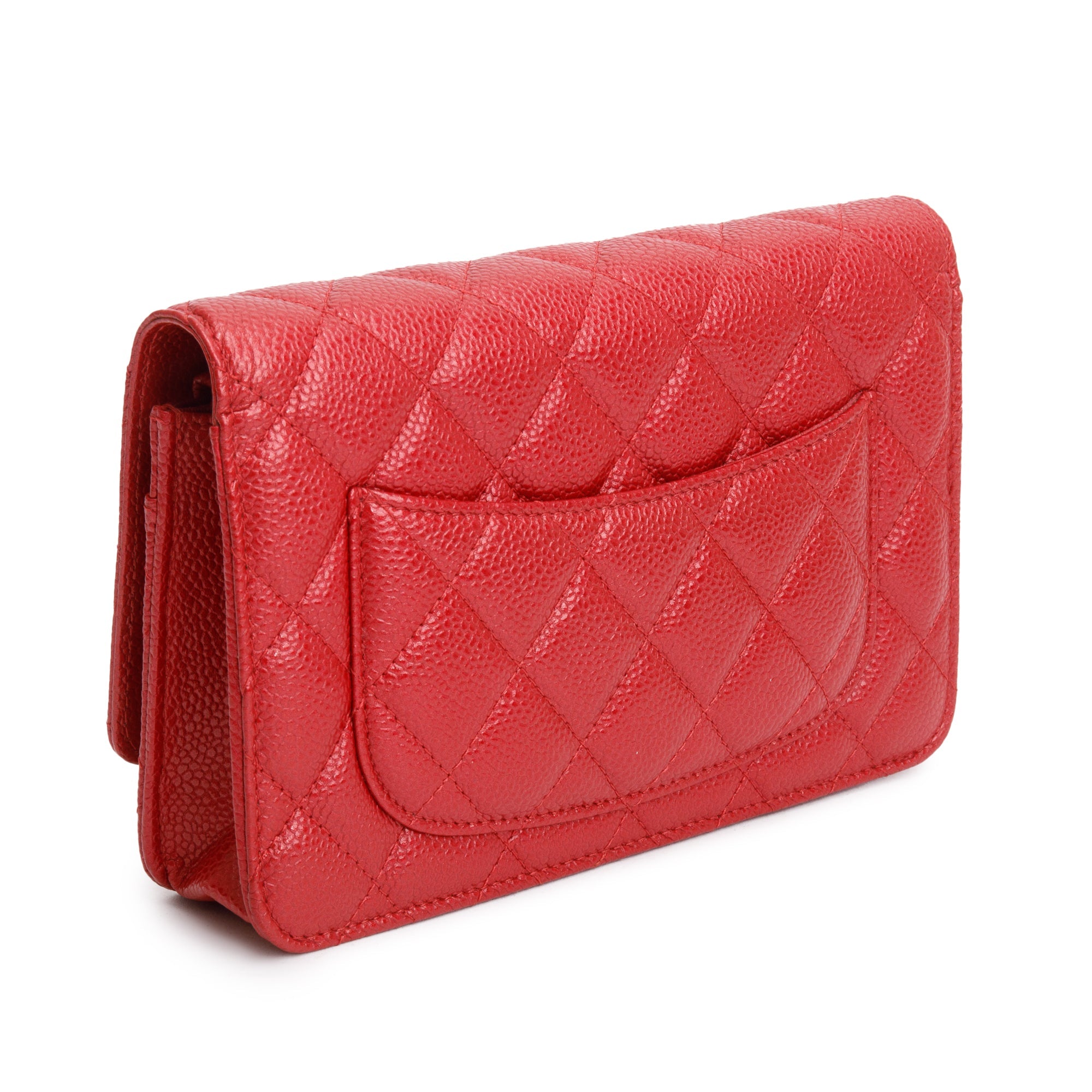 Chanel Red Quilted Caviar Leather Classic Wallet on Chain w/ Box