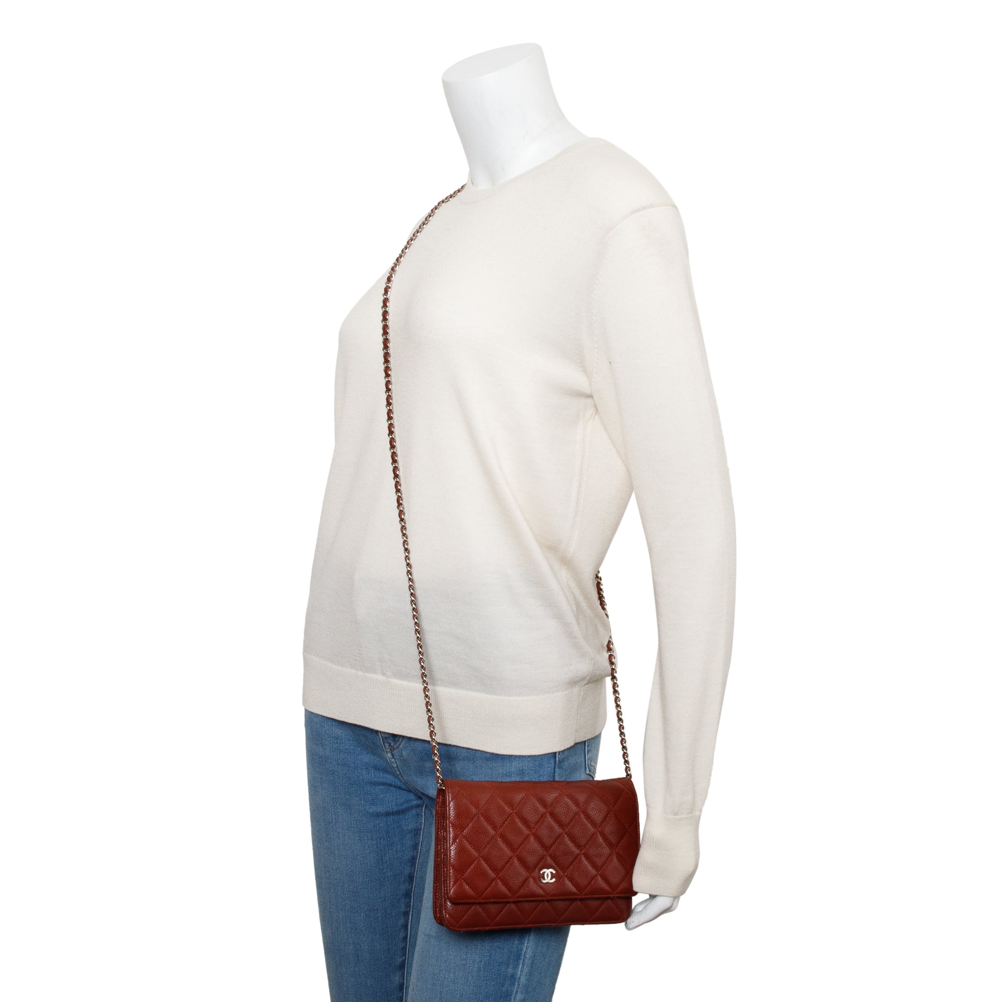 Chanel Red Quilted Caviar Leather Classic Wallet on Chain w/ Box & Authenticity Card