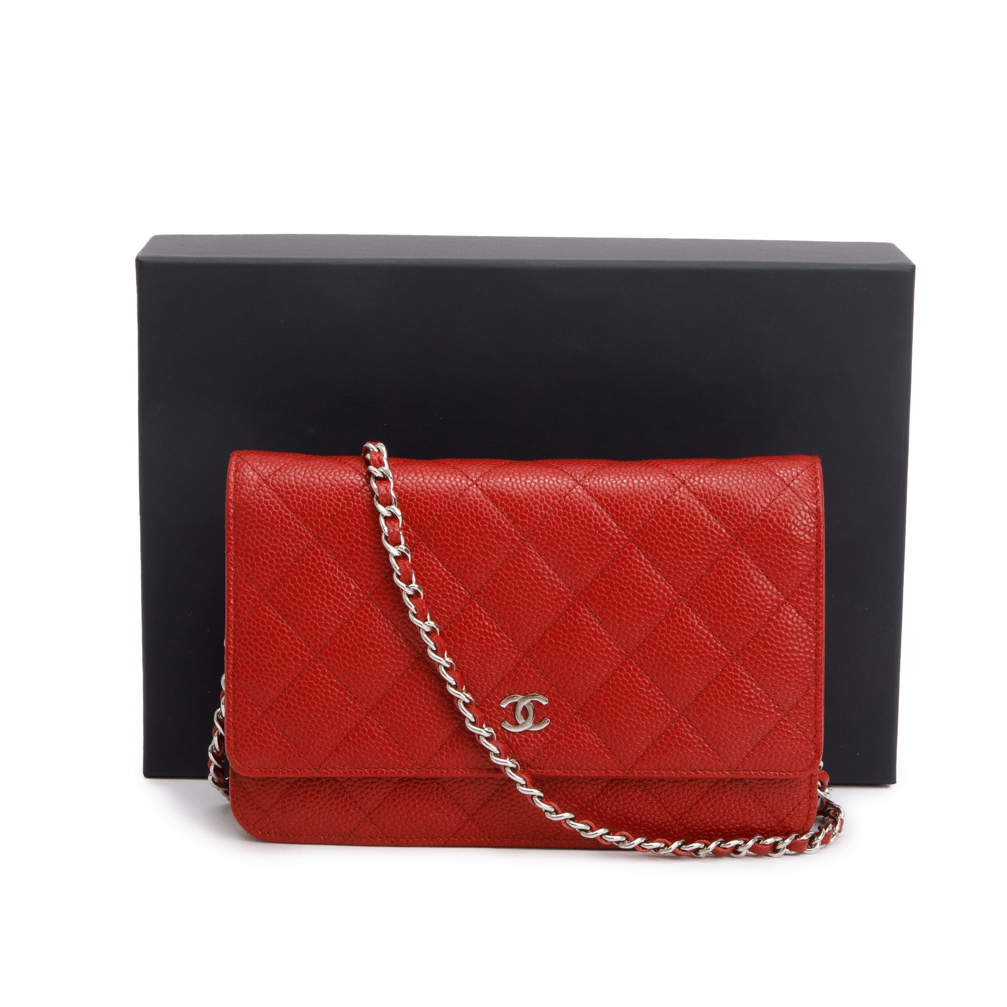 Chanel Red Quilted Caviar Leather Classic Wallet on Chain w/ Box & Authenticity Card