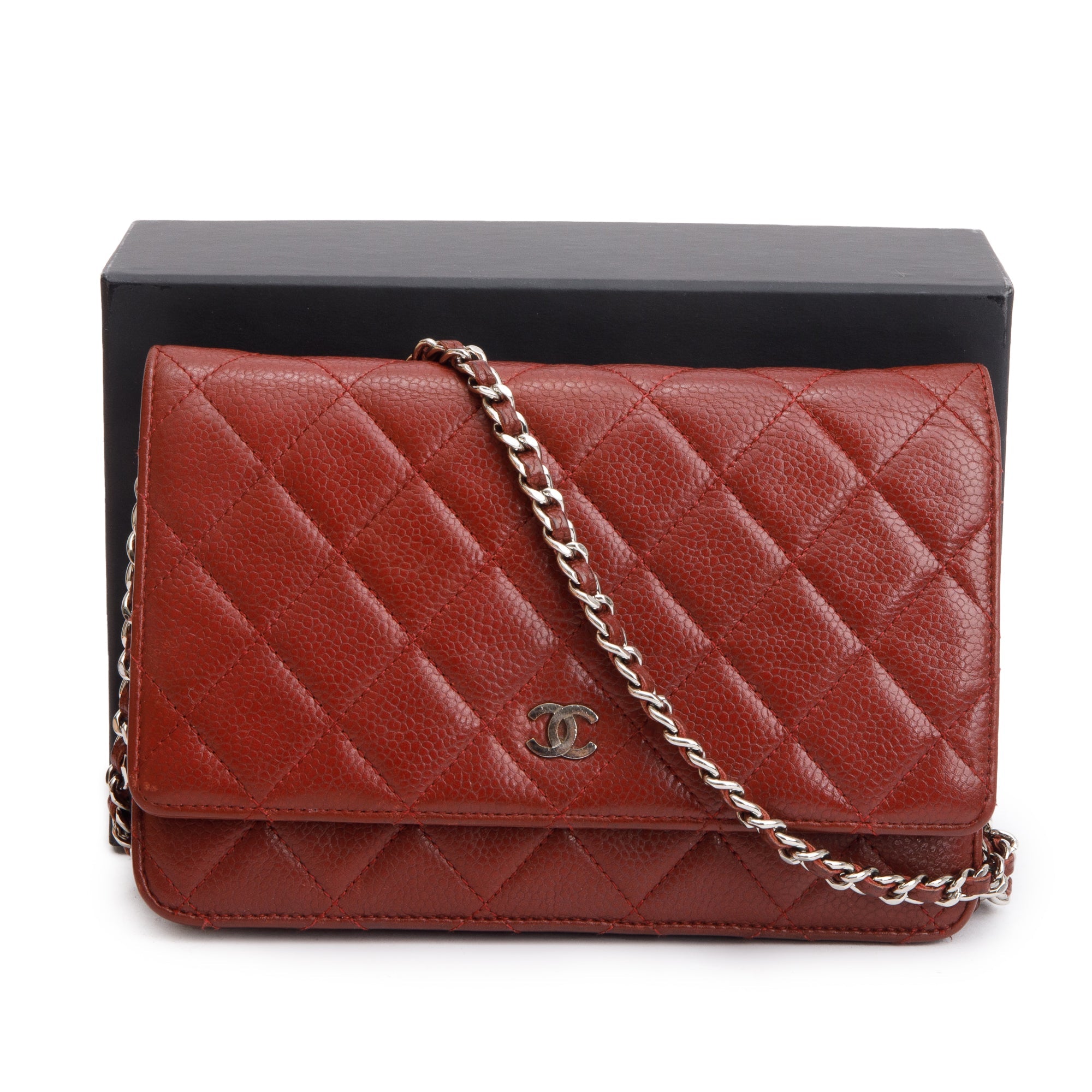 Chanel Red Quilted Caviar Leather Classic Wallet on Chain w/ Box & Authenticity Card