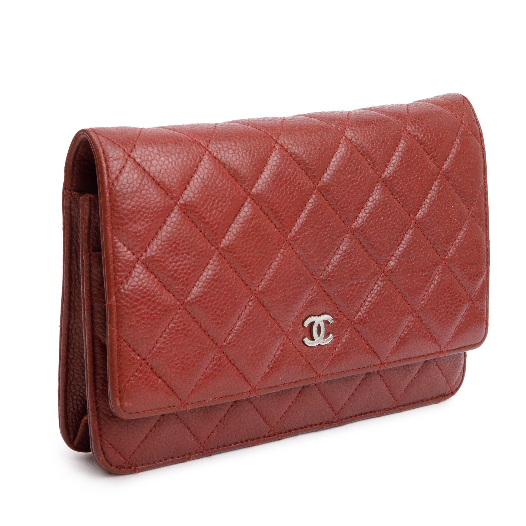 Chanel Red Quilted Caviar Leather Classic Wallet on Chain w/ Box & Authenticity Card