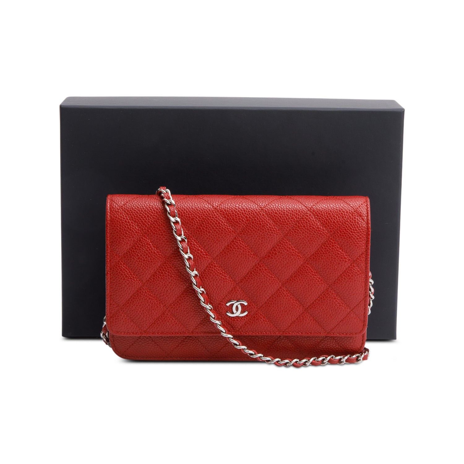 Chanel Red Quilted Caviar Leather Classic Wallet on Chain w/ Box, Receipt, Authenticity Card