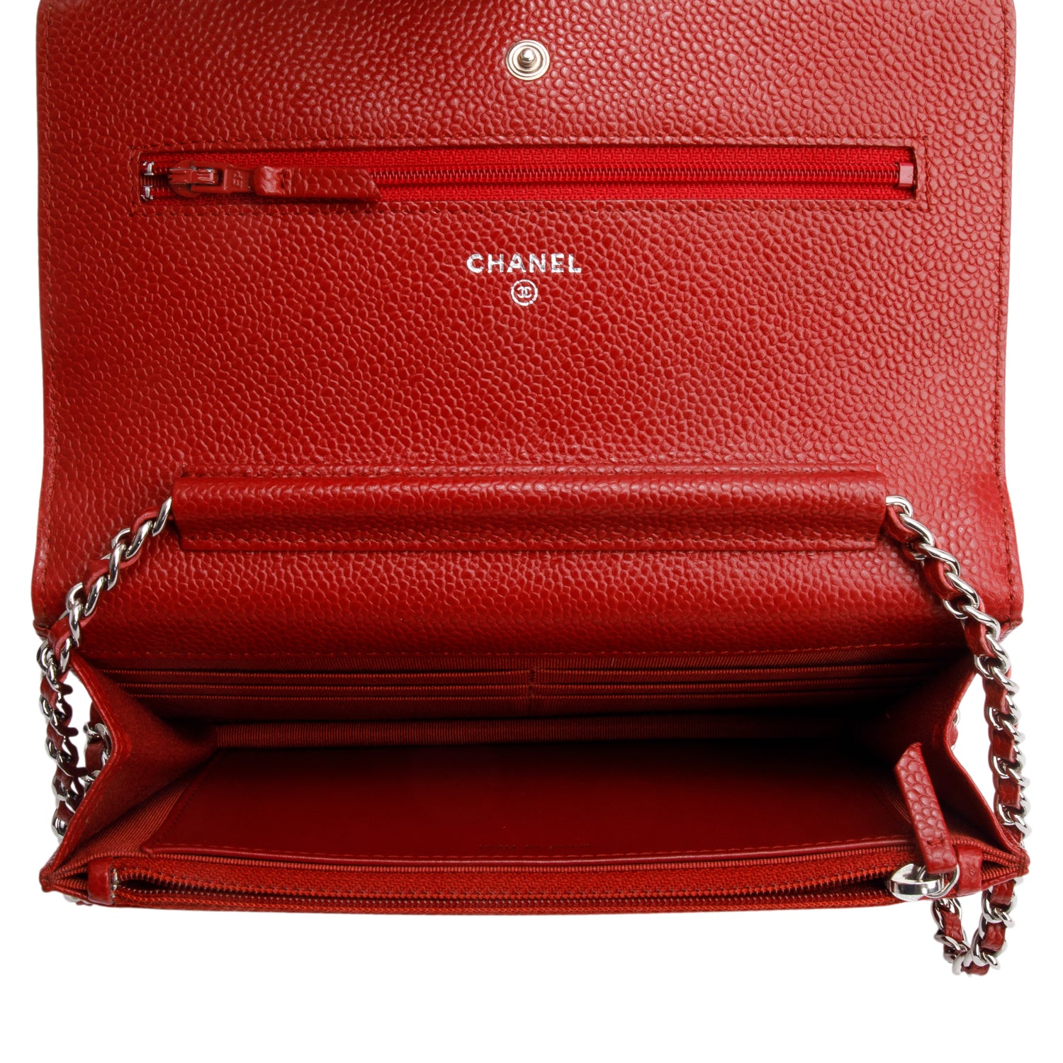 Chanel Red Quilted Caviar Leather Classic Wallet on Chain w/ Box, Receipt, Authenticity Card