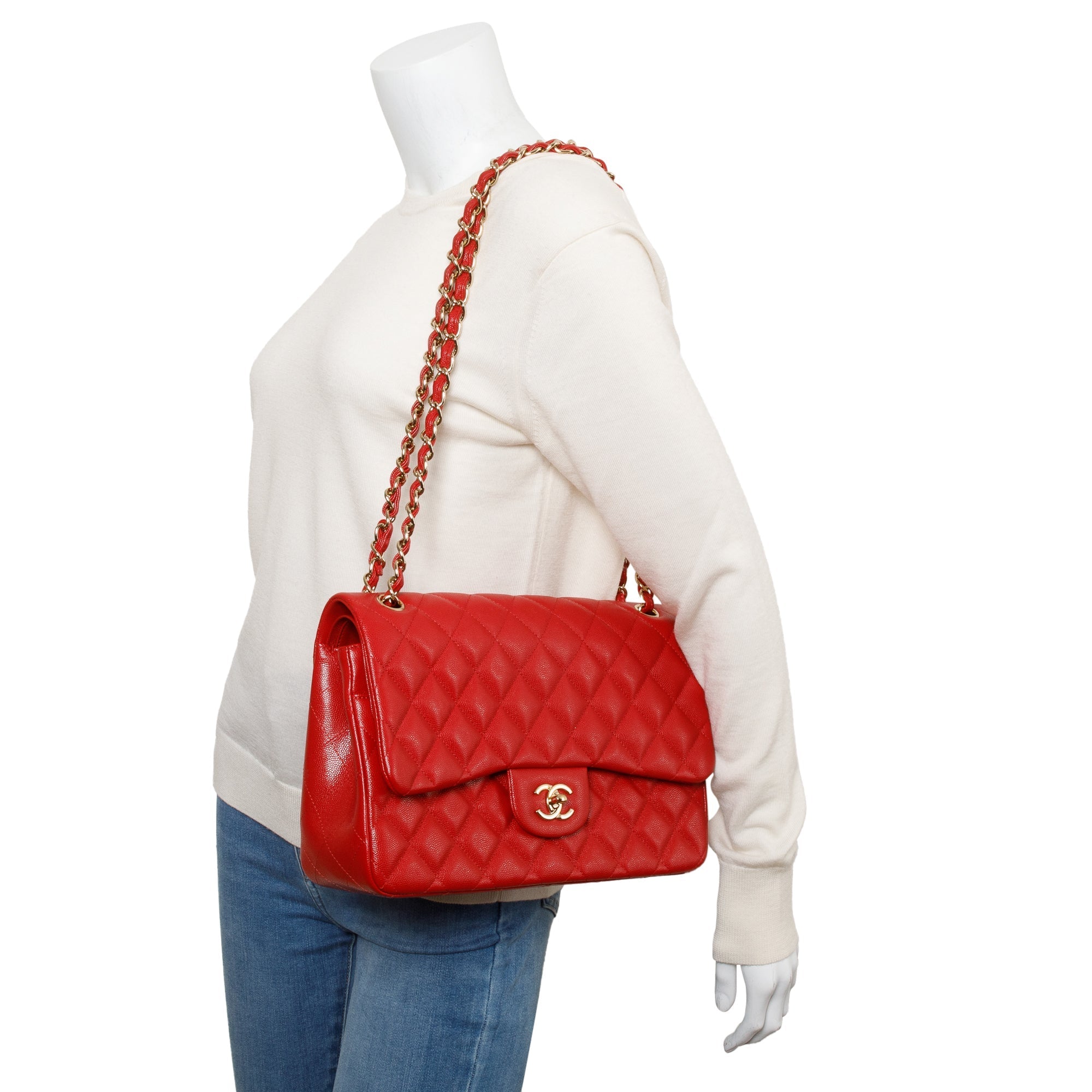 Chanel Red Quilted Caviar Leather Jumbo Double Flap Bag w/ Box, Receipt & Authenticity Card