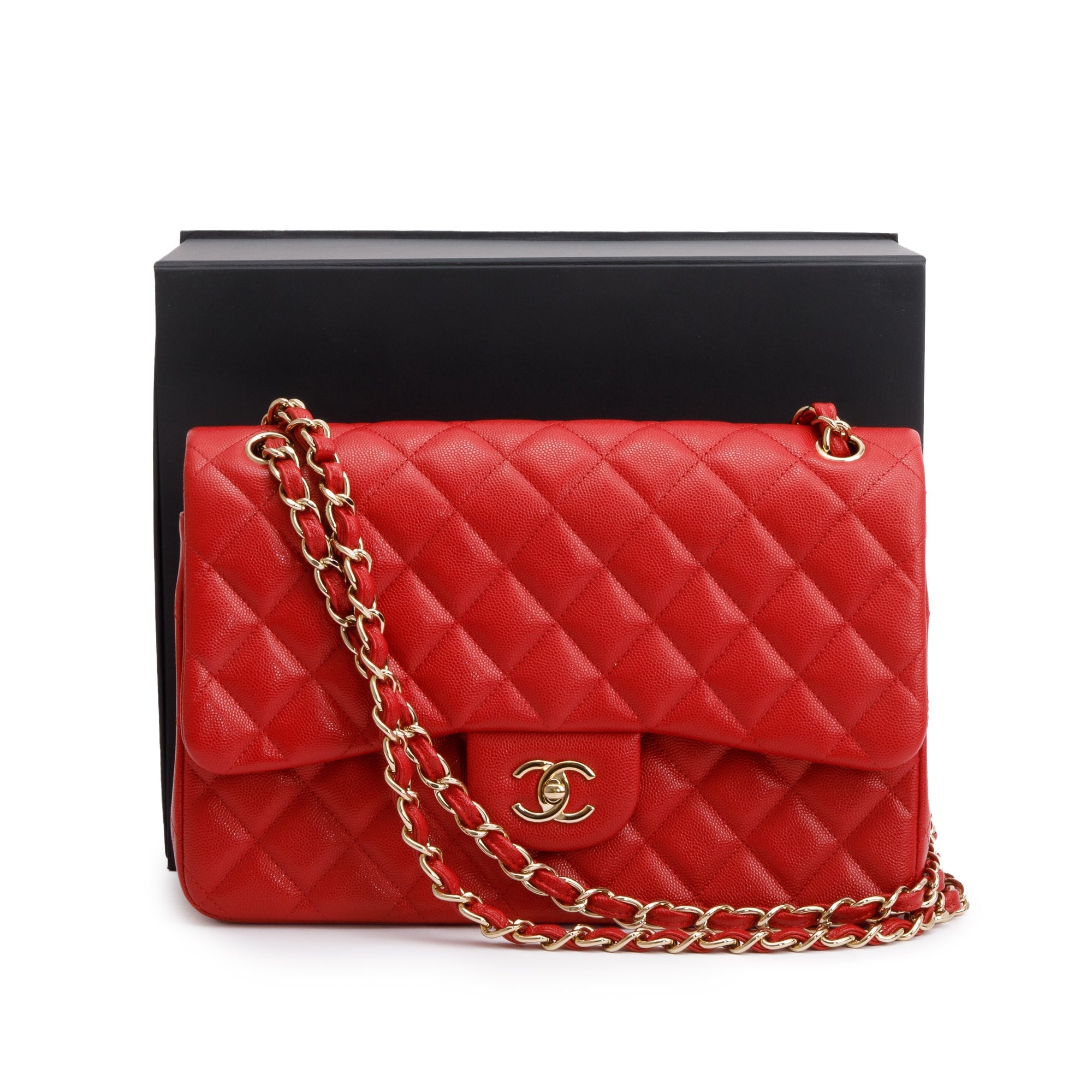 Chanel Red Quilted Caviar Leather Jumbo Double Flap Bag w/ Box, Receipt & Authenticity Card