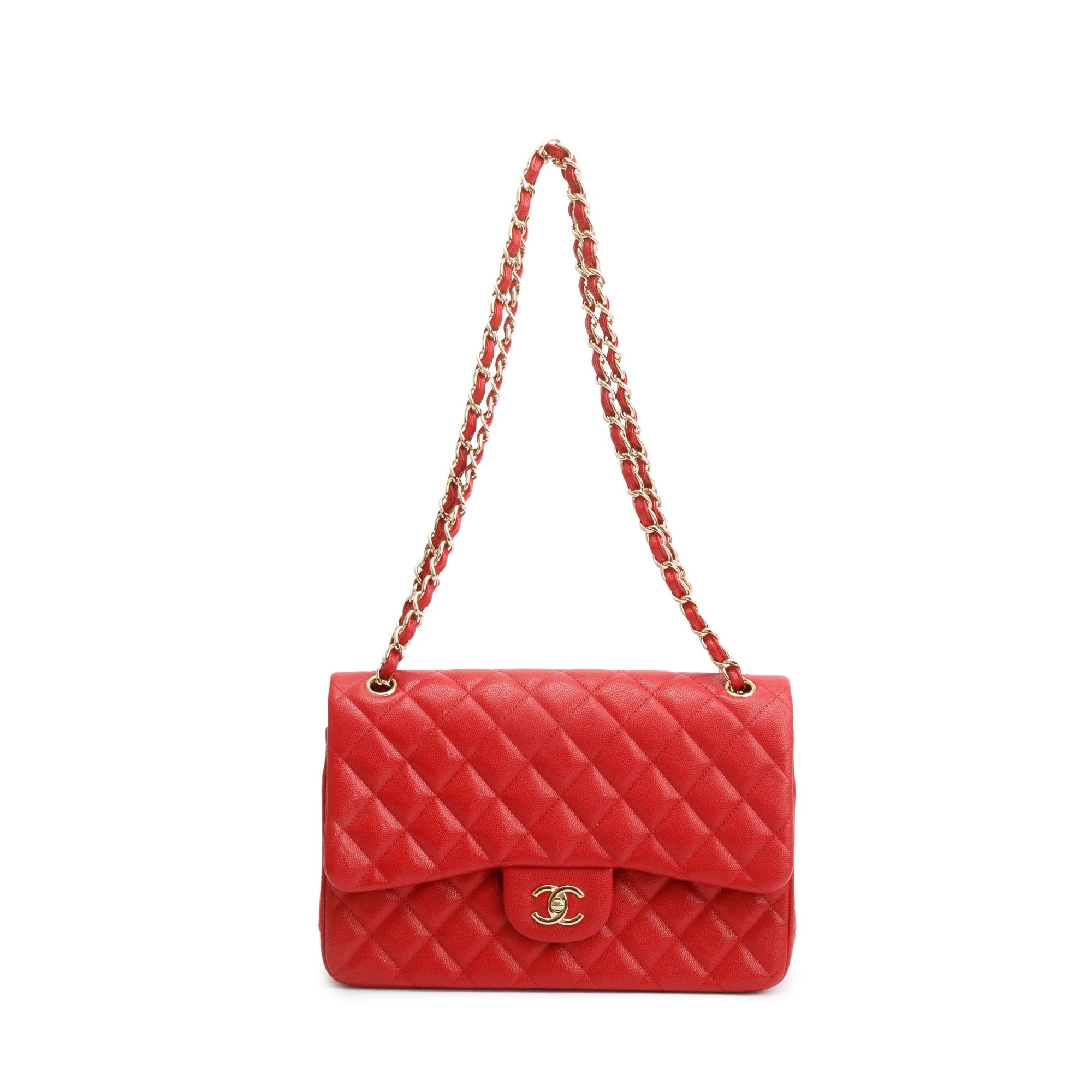 Chanel Red Quilted Caviar Leather Jumbo Double Flap Bag w/ Box, Receipt & Authenticity Card