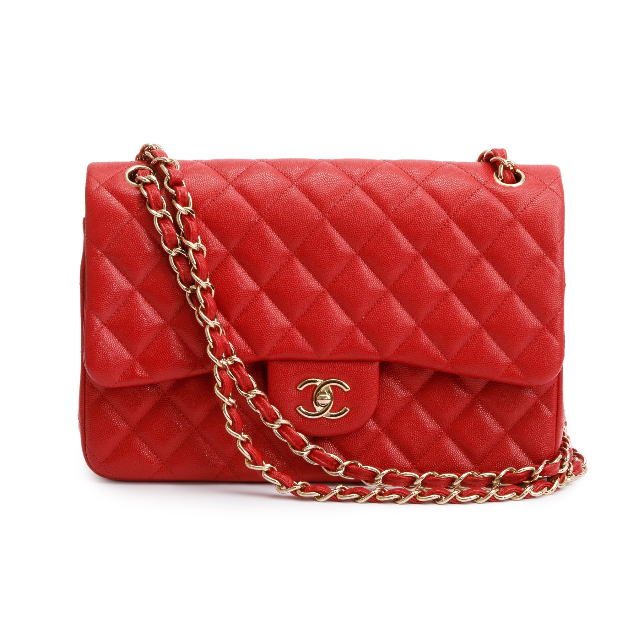 Chanel Red Quilted Caviar Leather Jumbo Double Flap Bag w/ Box, Receipt & Authenticity Card