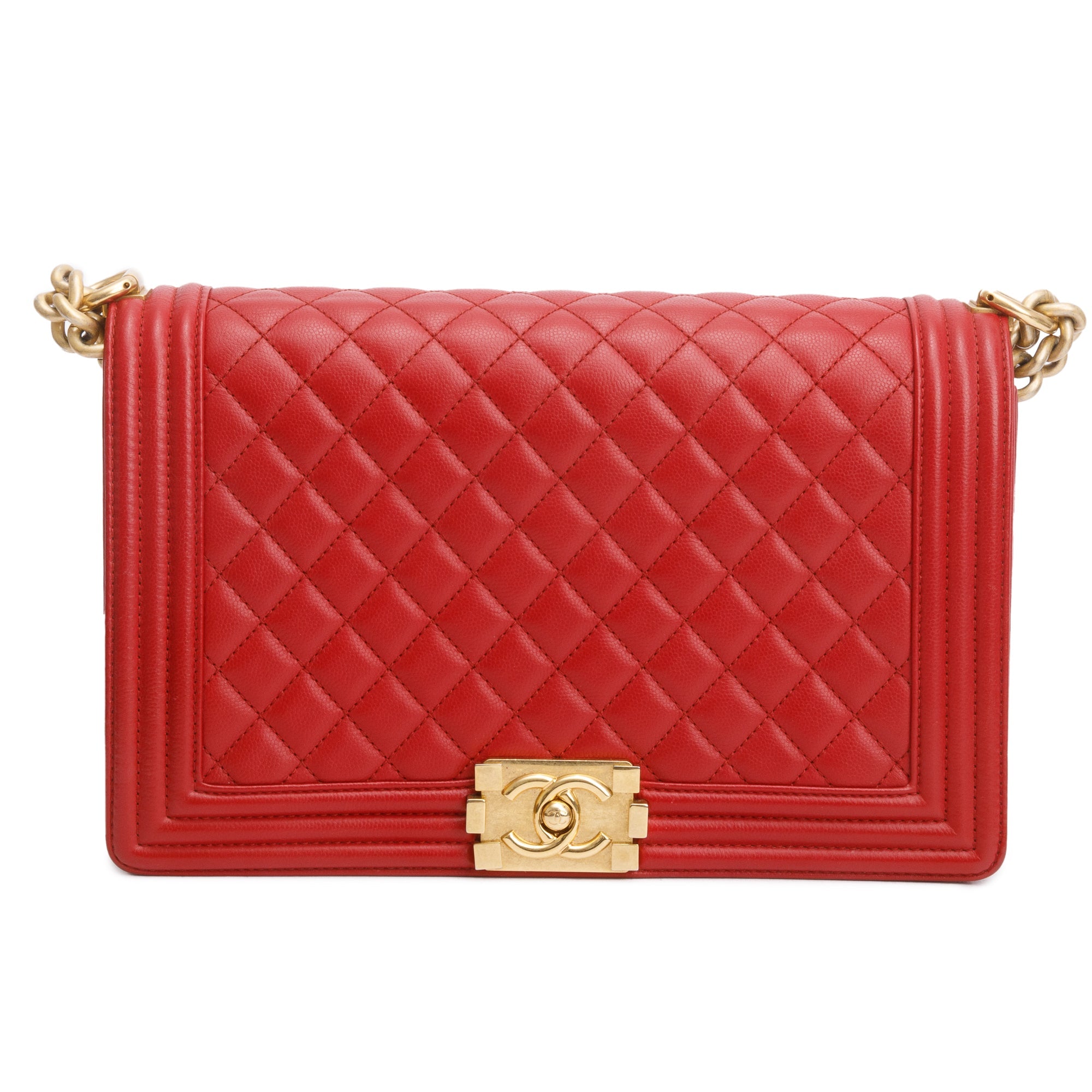 Chanel Red Quilted Caviar Leather Large Boy Bag w/ Authenticity Card