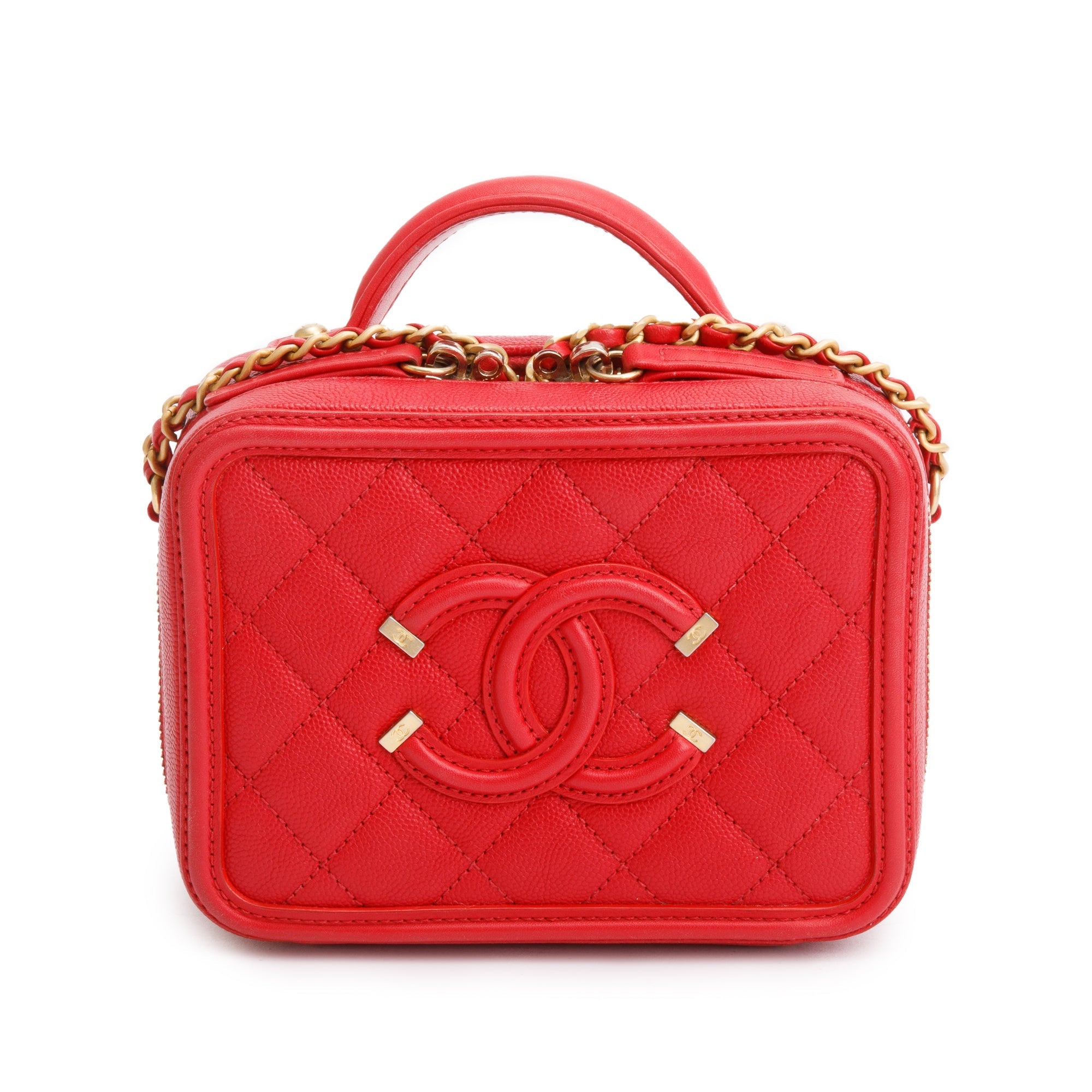 Chanel Red Quilted Caviar Leather Small CC Filigree Vanity Chain Clutch