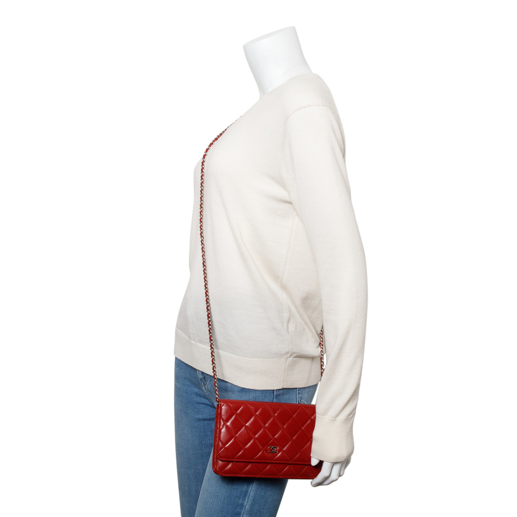 Chanel Red Quilted Lambskin Leather Classic Wallet on Chain w/ Authenticity Card