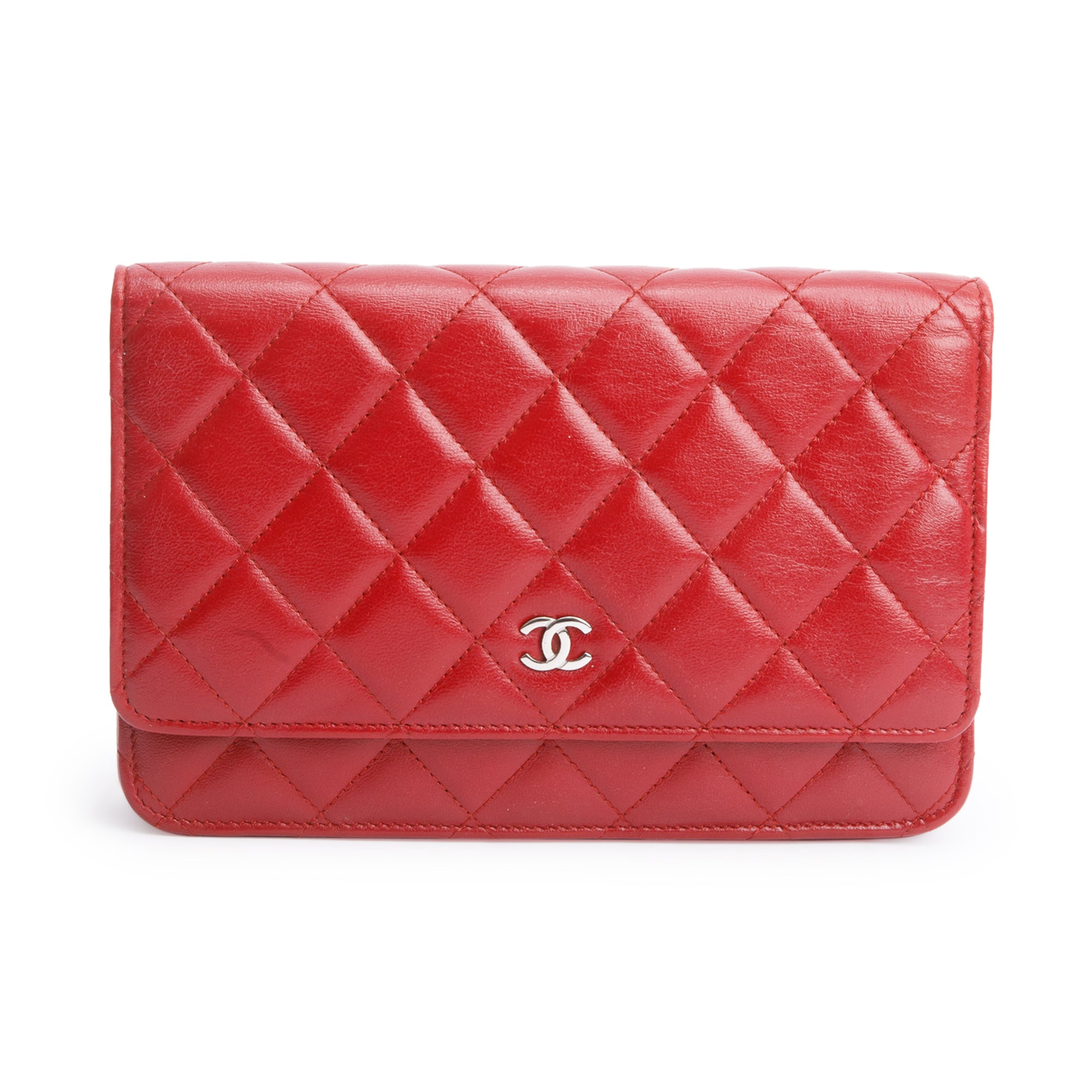 Chanel Red Quilted Lambskin Leather Classic Wallet on Chain w/ Authenticity Card