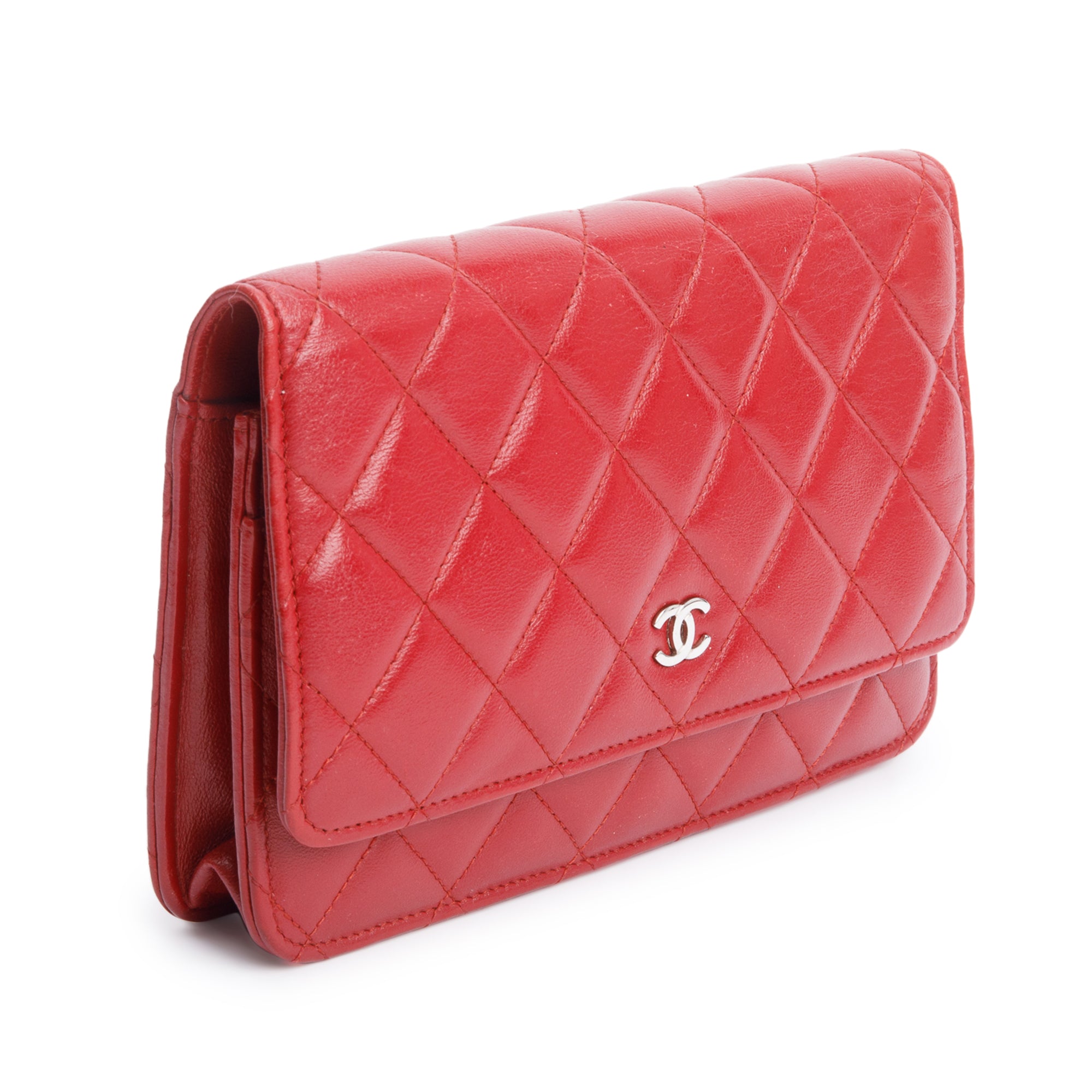 Chanel Red Quilted Lambskin Leather Classic Wallet on Chain w/ Authenticity Card
