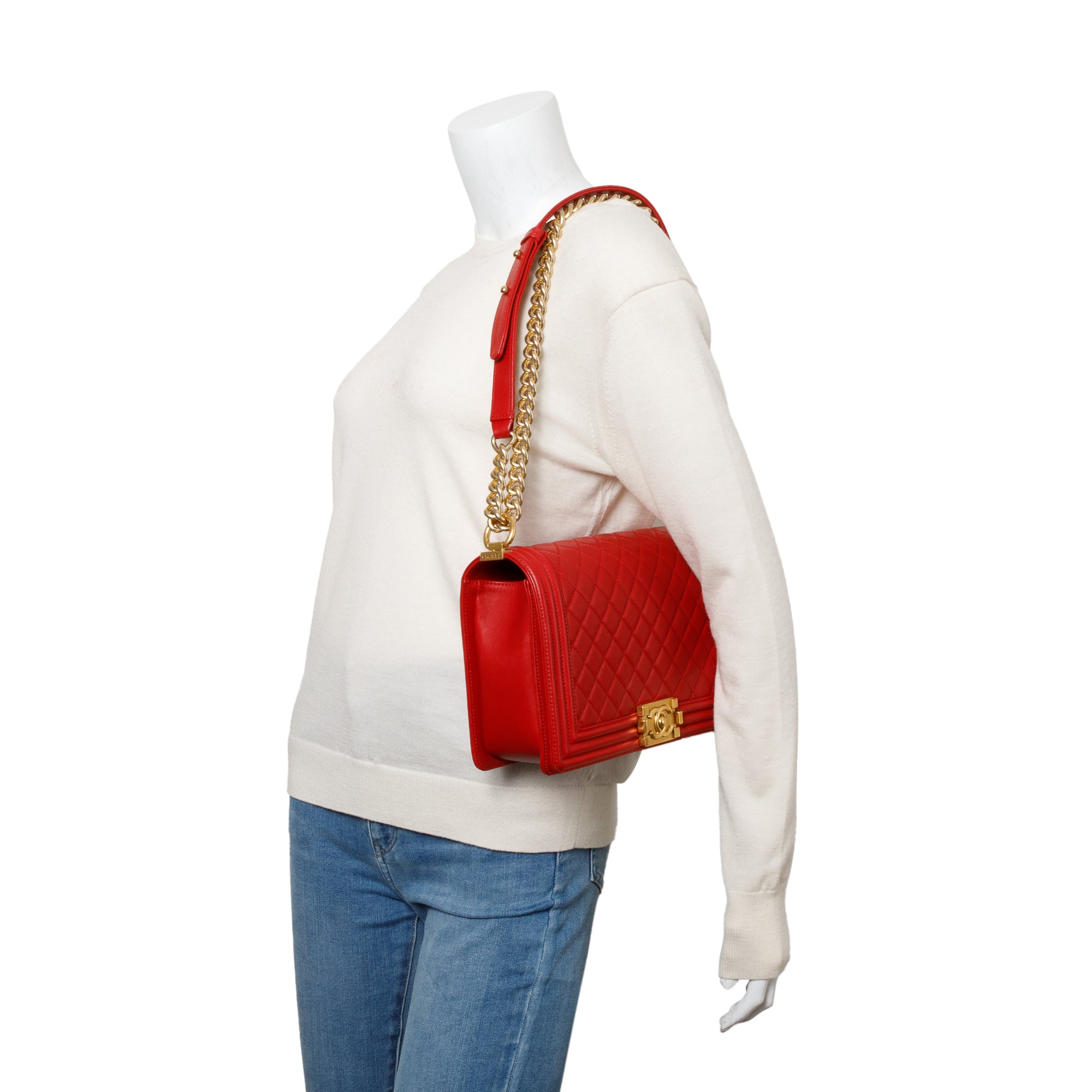 Chanel Red Quilted Lambskin Leather Large Boy Bag w/ Box & Authenticity Card