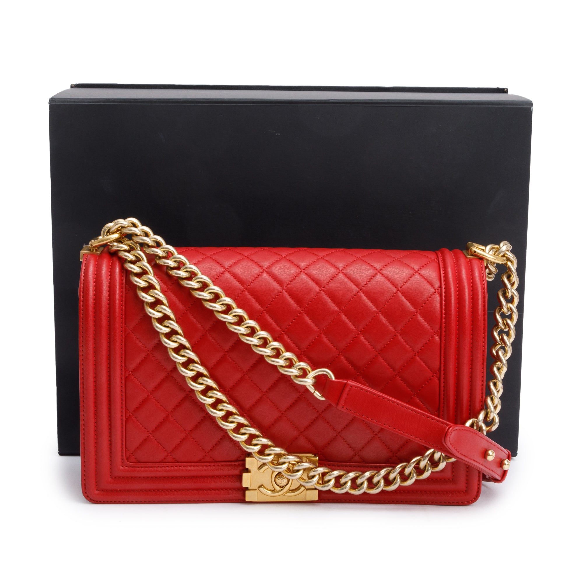 Chanel Red Quilted Lambskin Leather Large Boy Bag w/ Box & Authenticity Card