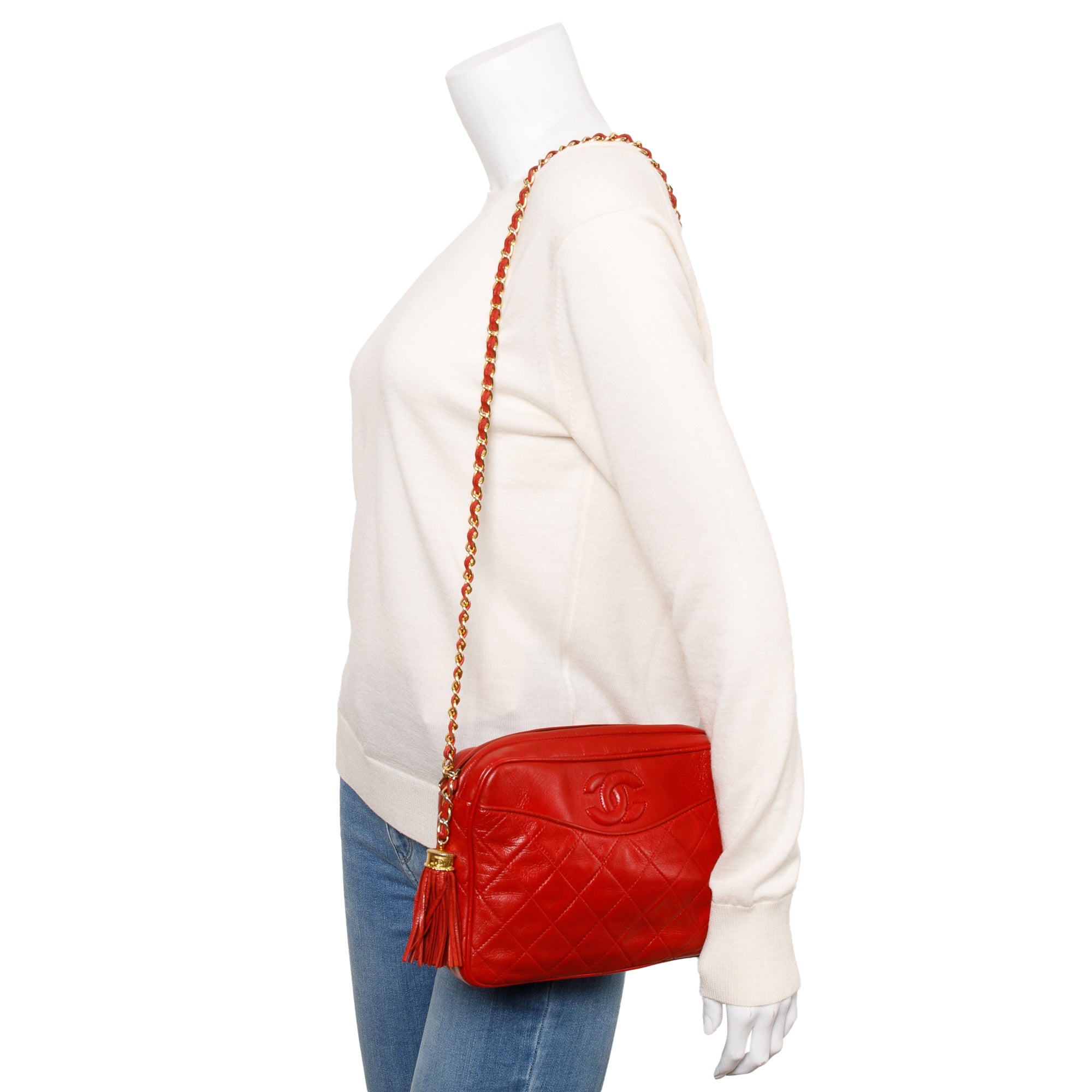 Chanel Red Quilted Leather CC Tassel Camera Bag