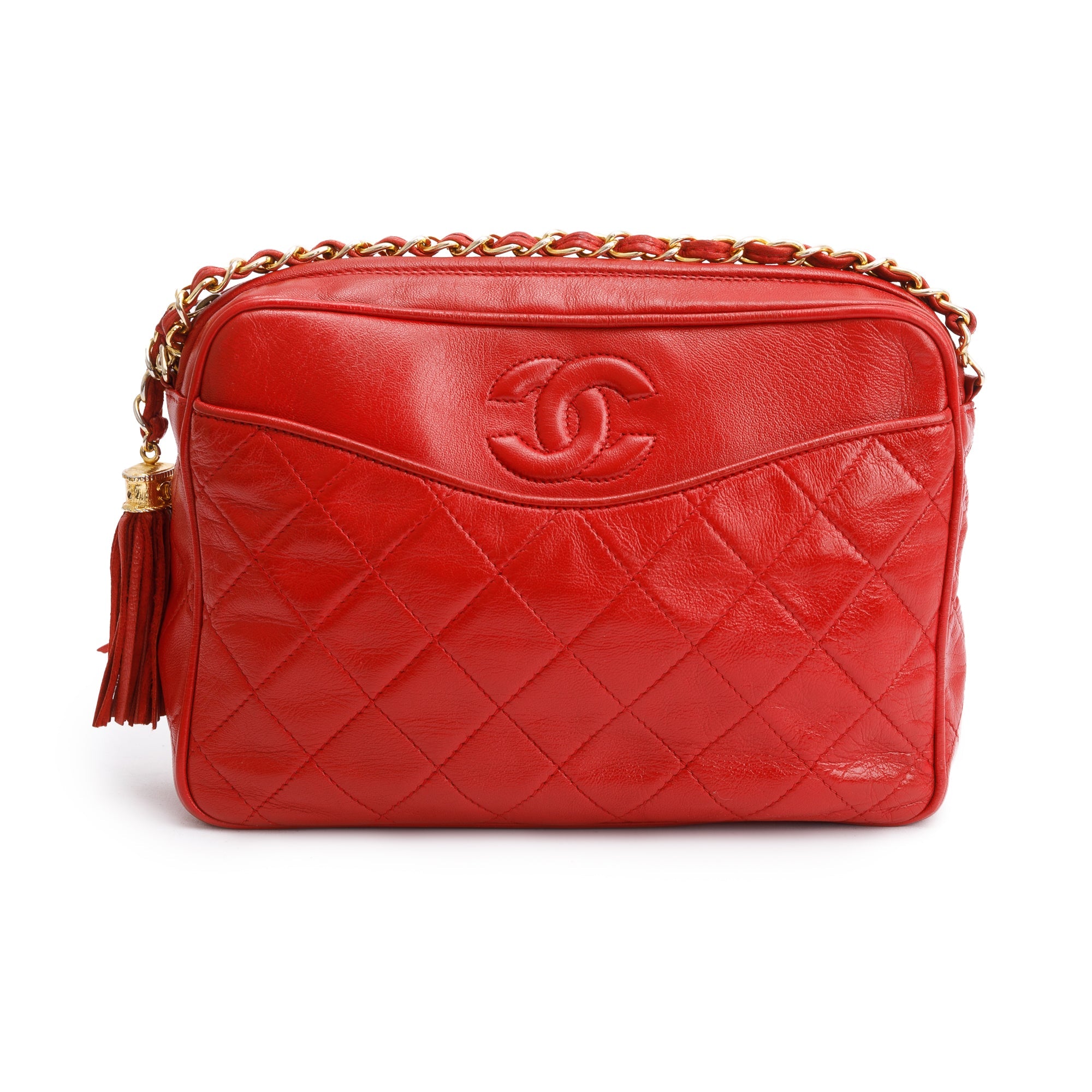 Chanel Red Quilted Leather CC Tassel Camera Bag