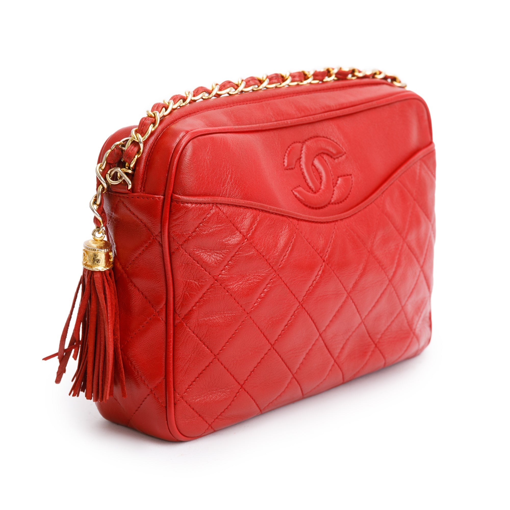 Chanel Red Quilted Leather CC Tassel Camera Bag