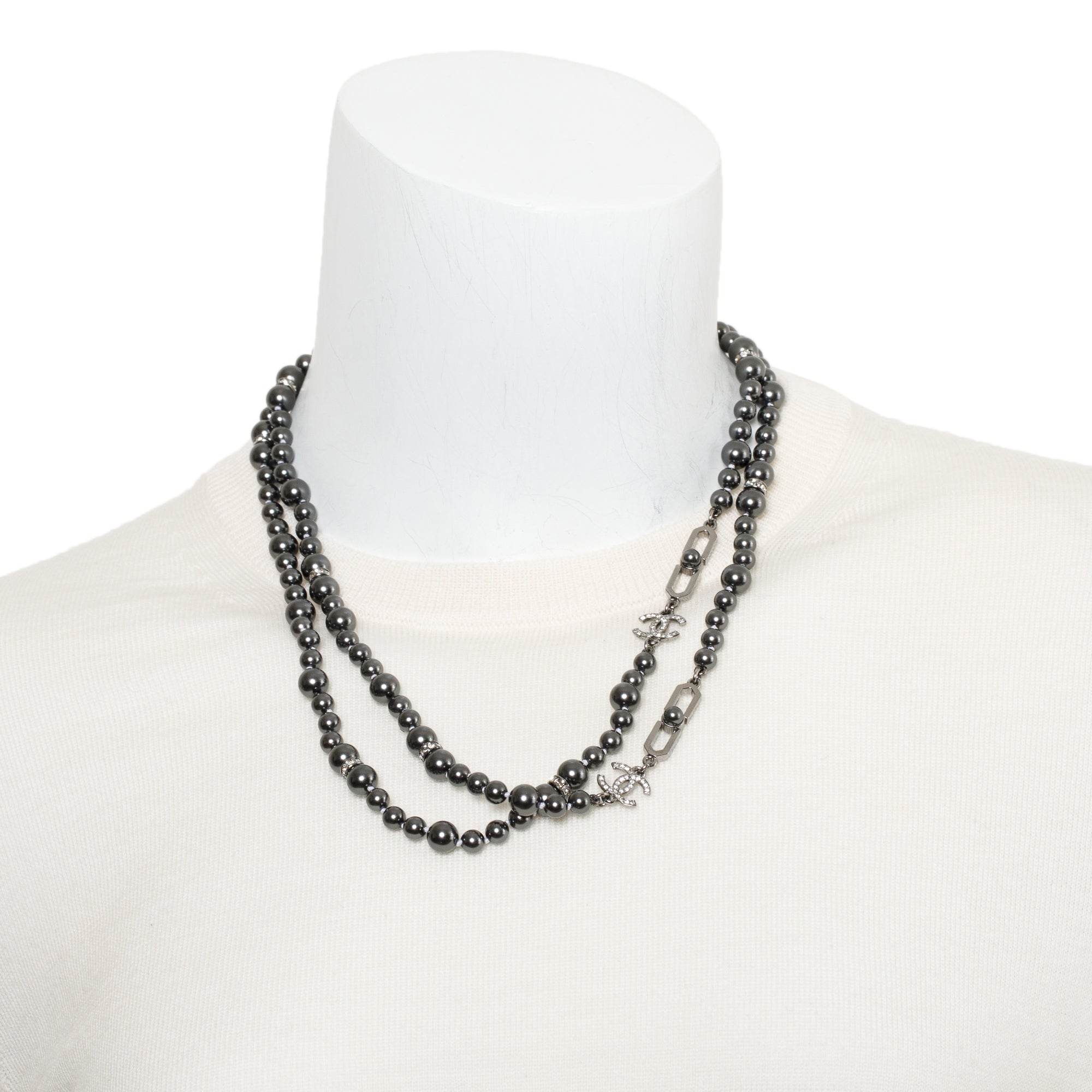 Chanel Rhodium Plated Grey Faux Pearl & Strass CC Long Necklace w/ Box