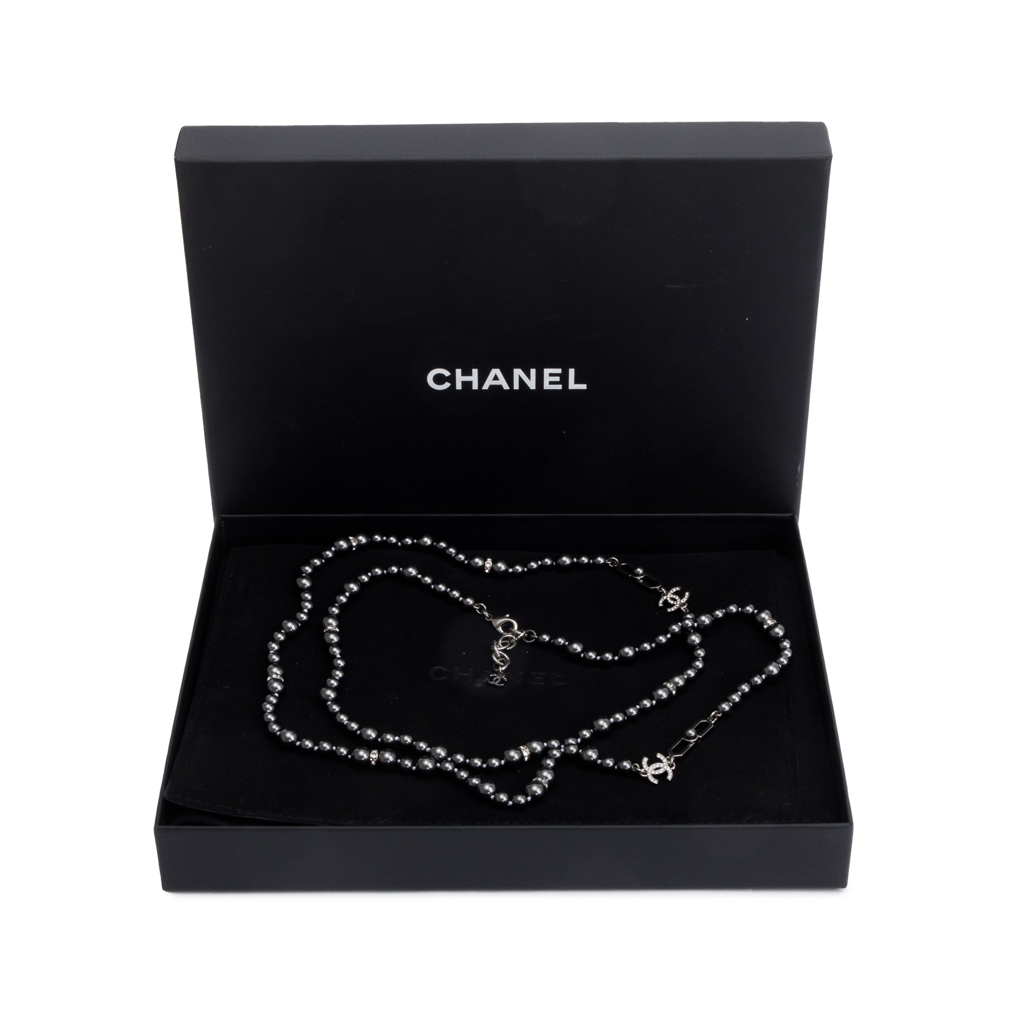Chanel Rhodium Plated Grey Faux Pearl & Strass CC Long Necklace w/ Box